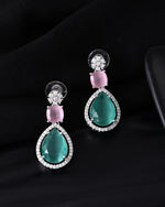 Thumbnail for VOJ Silver Plated Teal And Pink Stone Studded Elegant Earrings - Distacart