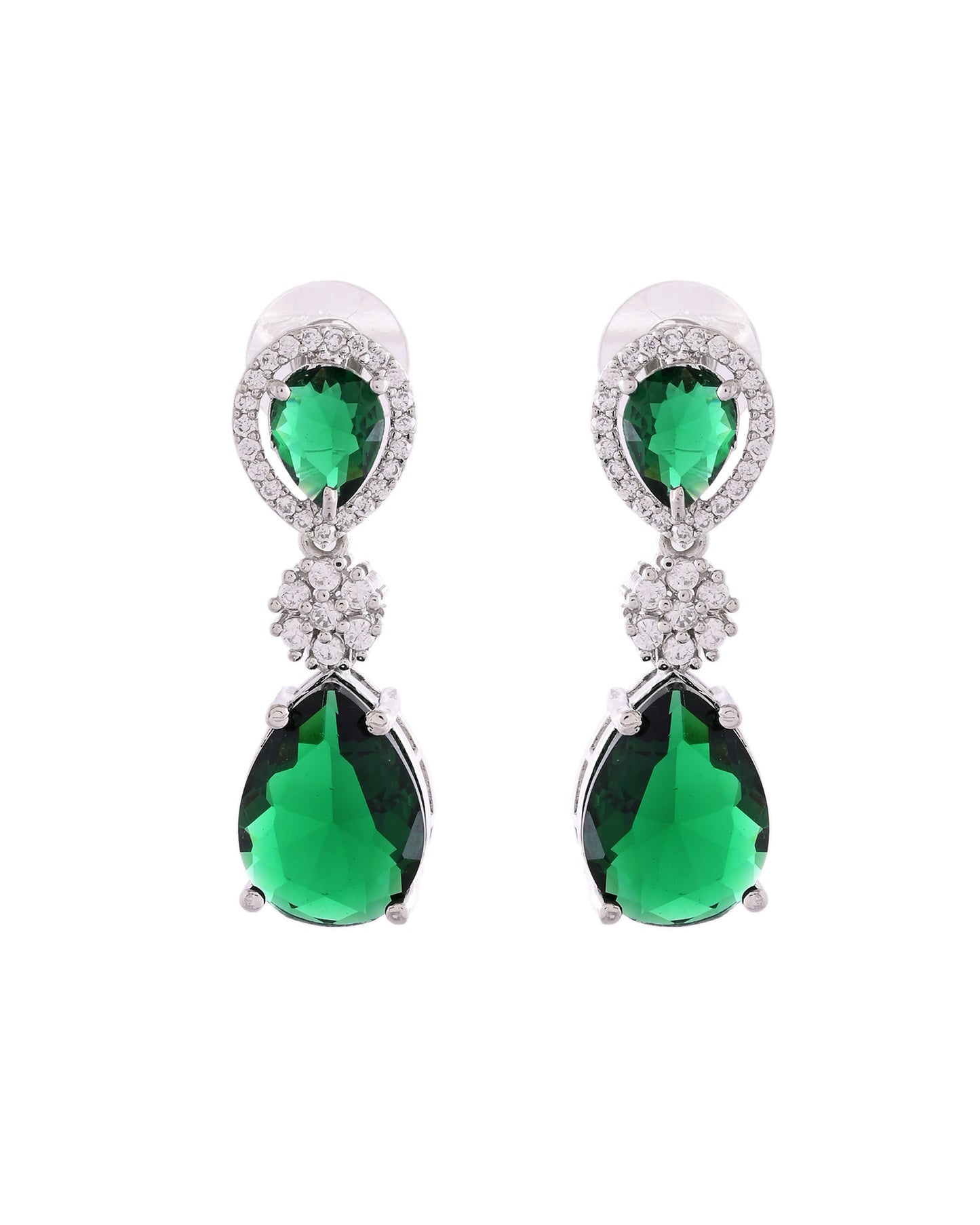 VOJ Silver Plated Green Stone Studded Floral Shaped Studs Earrings - Distacart