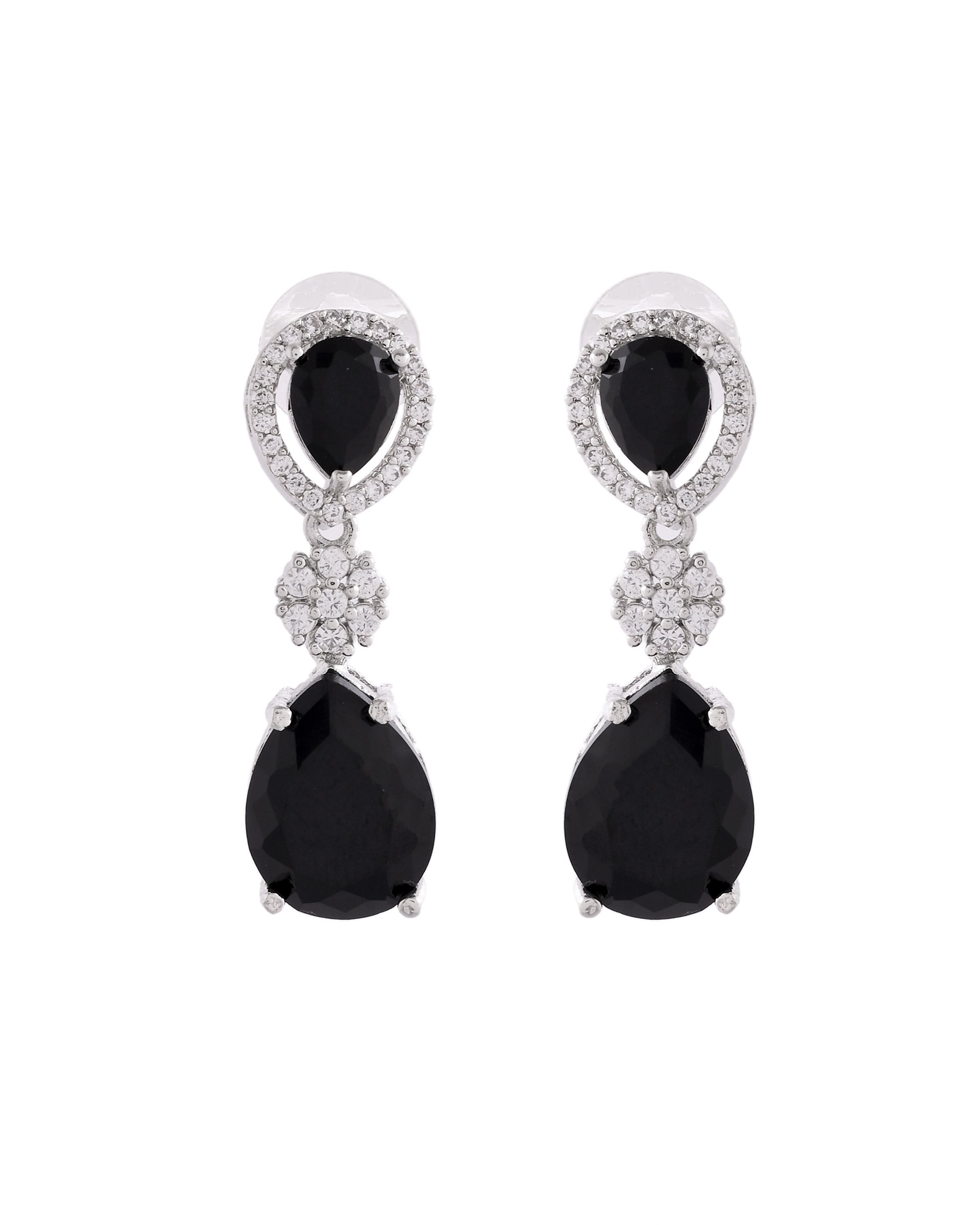 VOJ Silver Plated Black Stone Studded Floral Shaped Studs Earrings - Distacart