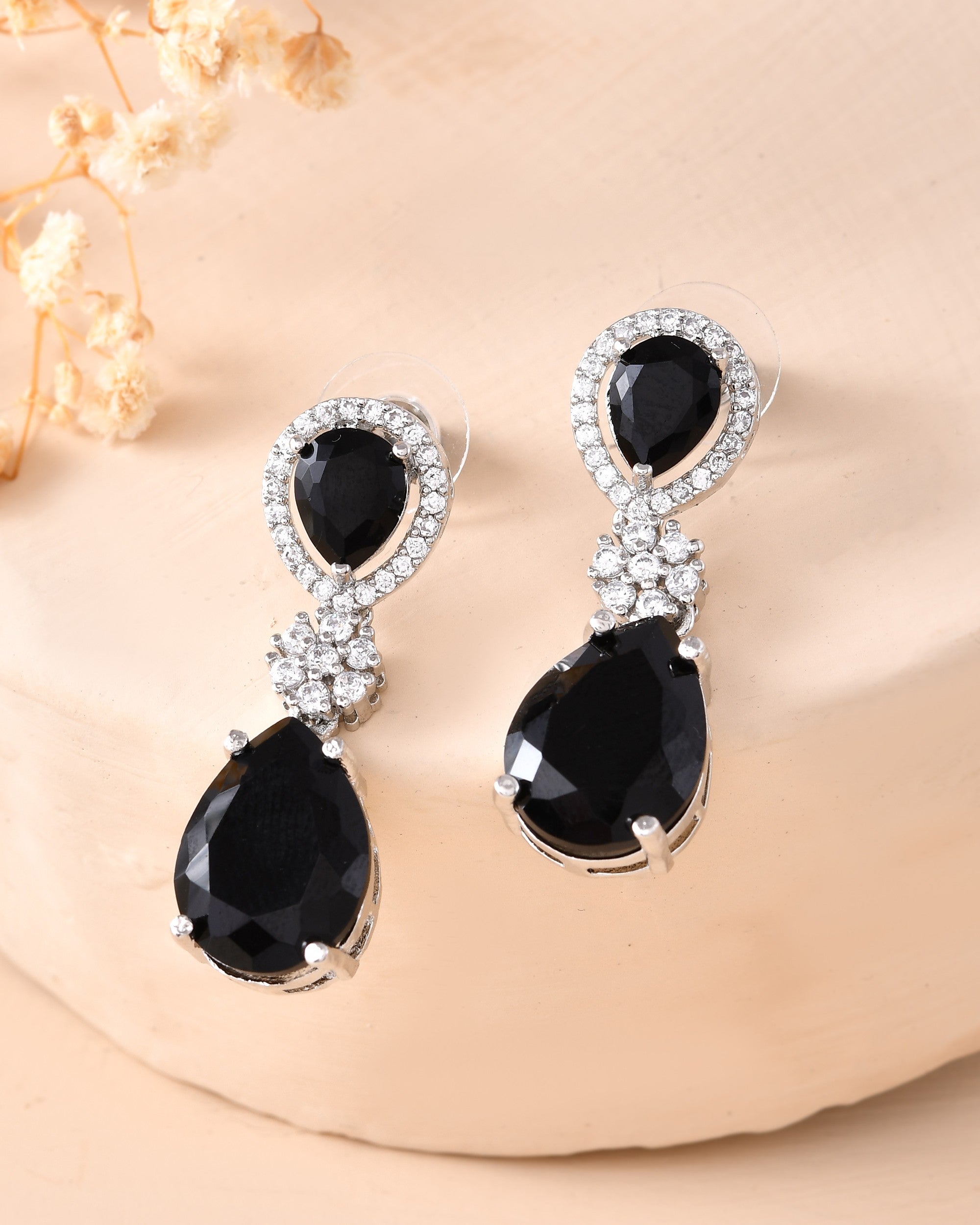 VOJ Silver Plated Black Stone Studded Floral Shaped Studs Earrings - Distacart