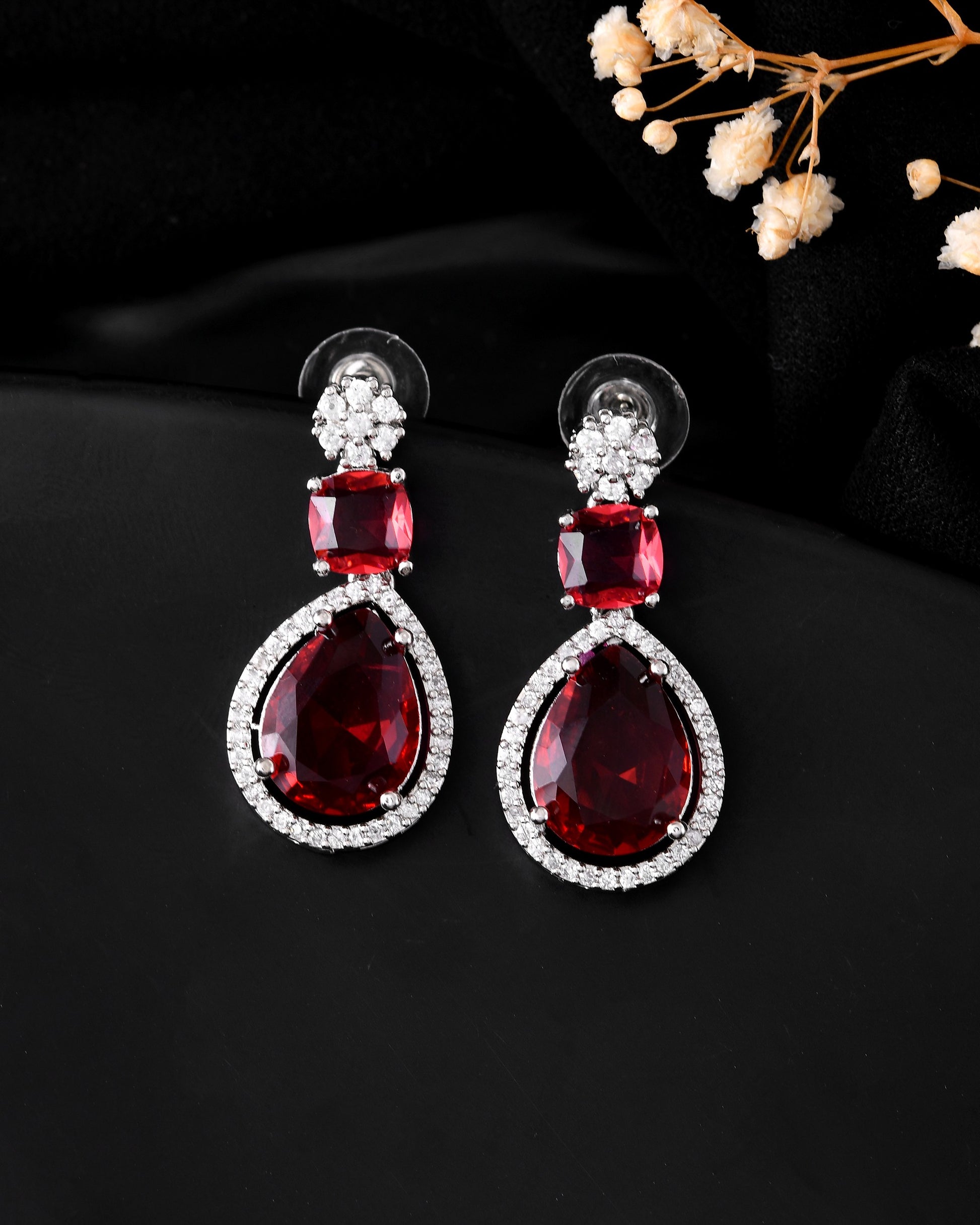 VOJ Silver Plated Red Stone Studded Ad Earrings - Distacart