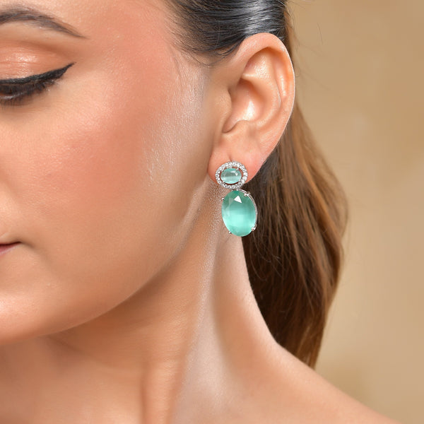 VOJ Silver Plated Sea Green Stone Studded Ad Earrings - Distacart