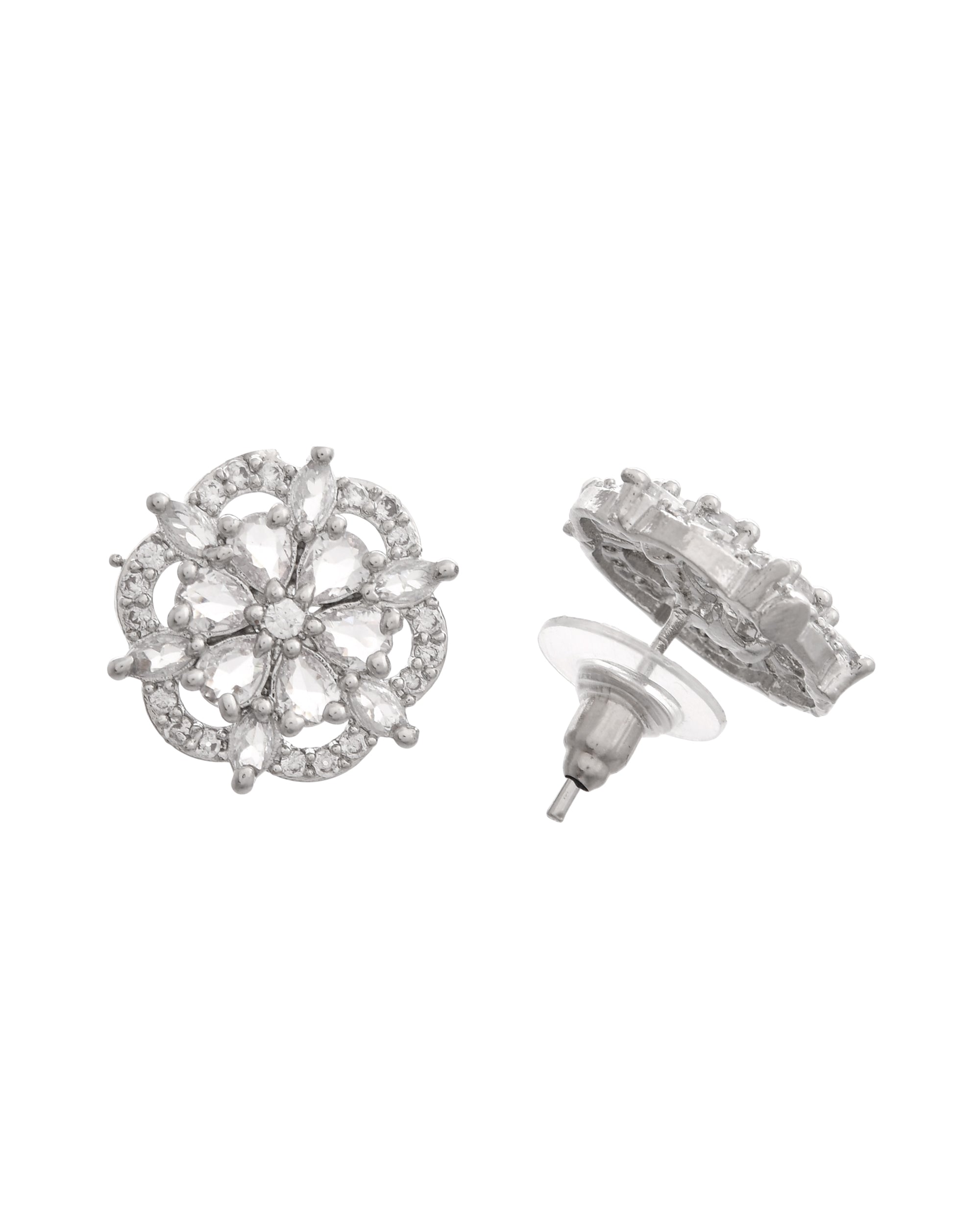 VOJ Silver Plated Floral Shape Ad Stone Studded Studs Earrings - Distacart