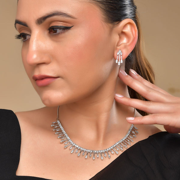 VOJ Silver Plated Ad Stone Studded Elegant Minimal Jewellery Set - Distacart
