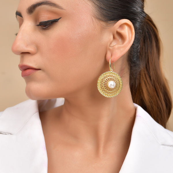 VOJ Gold Polished Anti Tarnish Circular Shaped Drop Earrings - Distacart