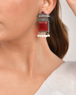 Thumbnail for VOJ Silver Plated Oxidized Red Stone Studded Earrings - Distacart