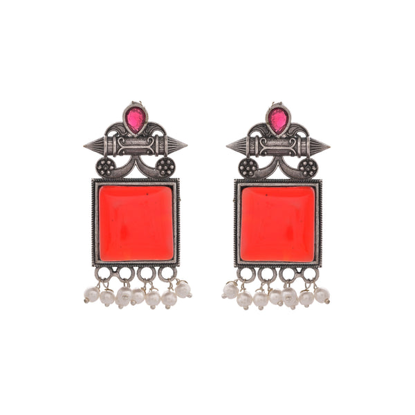 VOJ Silver Plated Oxidized Red Stone Studded Earrings - Distacart