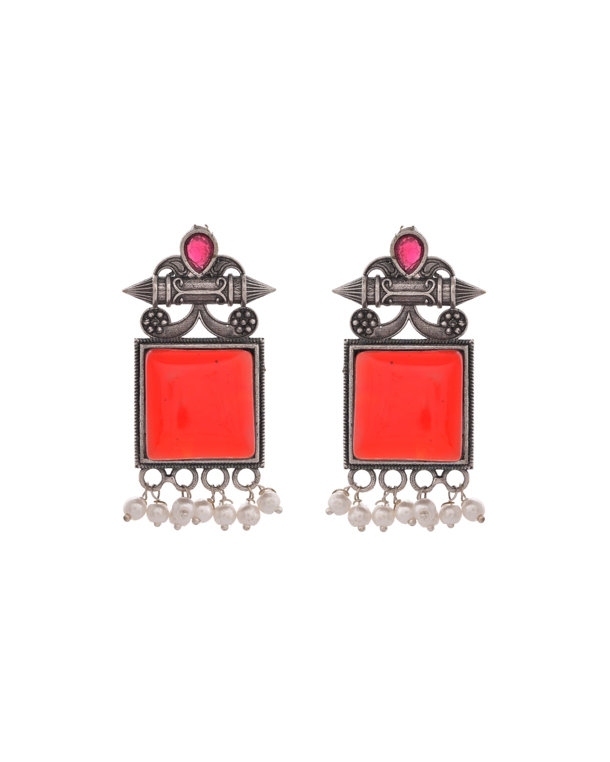 VOJ Silver Plated Oxidized Red Stone Studded Earrings - Distacart