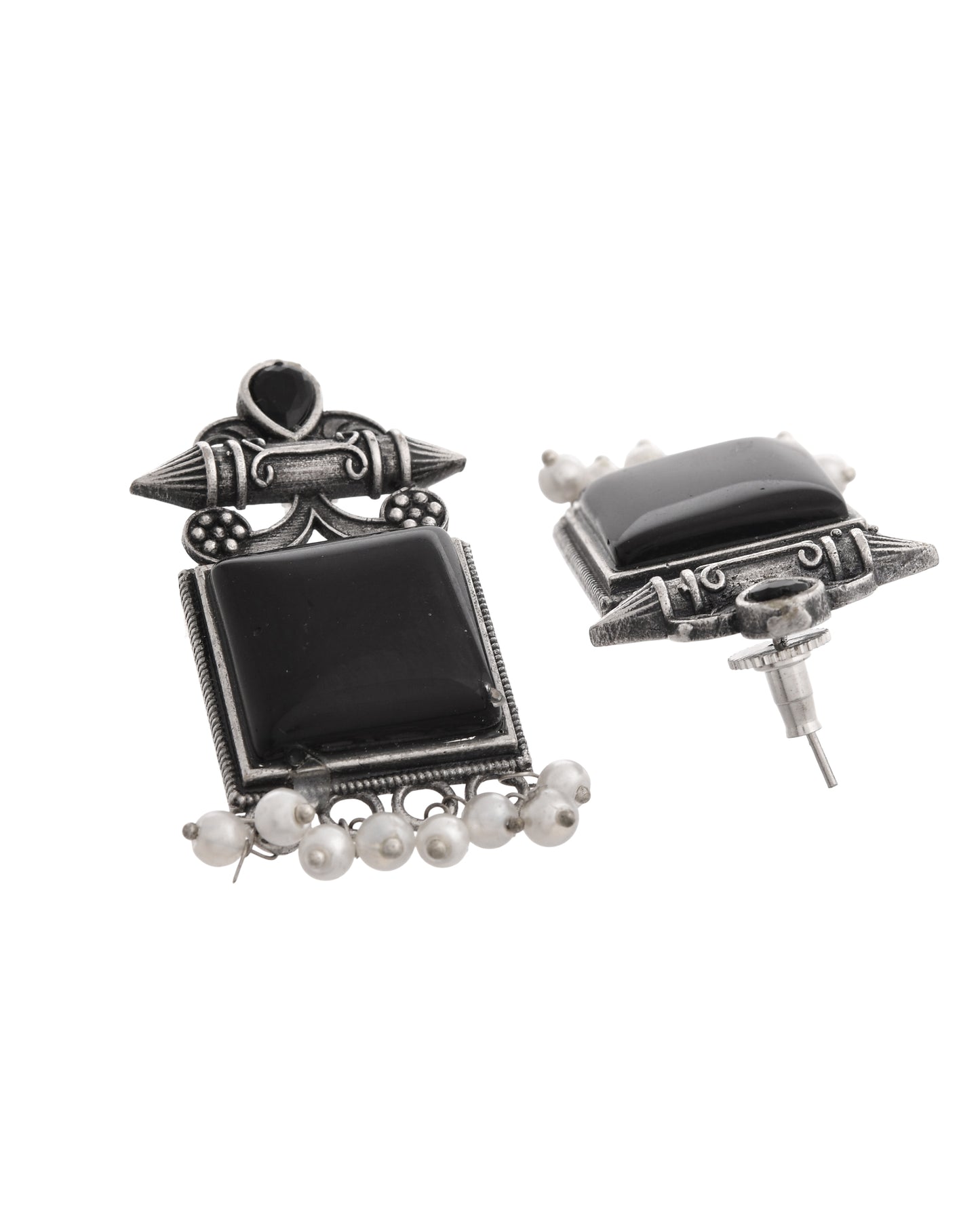 VOJ Silver Plated Oxidized Black Stone Studded Earrings - Distacart