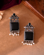 Thumbnail for VOJ Silver Plated Oxidized Black Stone Studded Earrings - Distacart