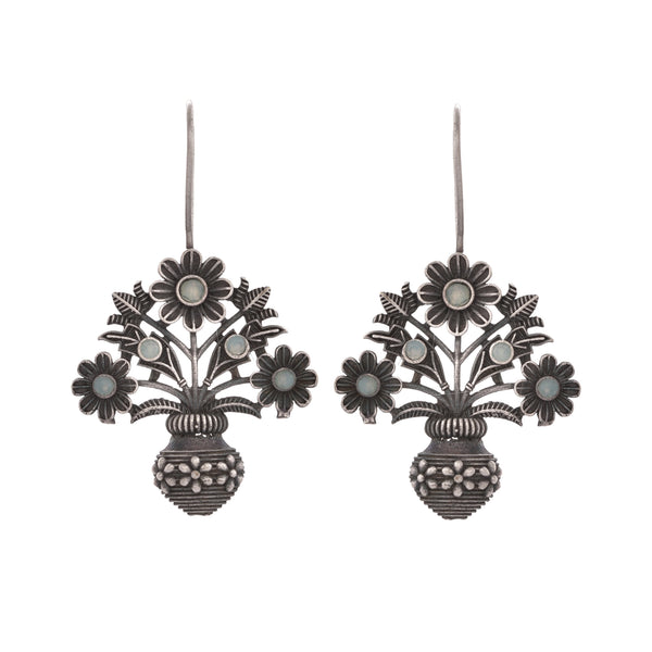 VOJ Silver Plated Floral Shaped Oxidized Drop Earrings