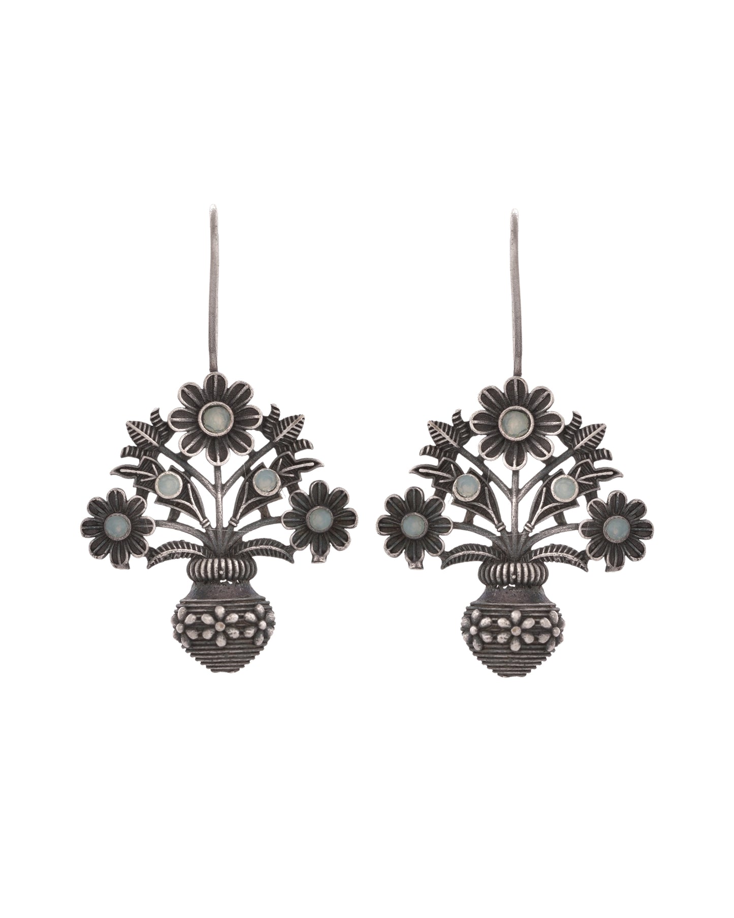 VOJ Silver Plated Floral Shaped Oxidized Drop Earrings - Distacart