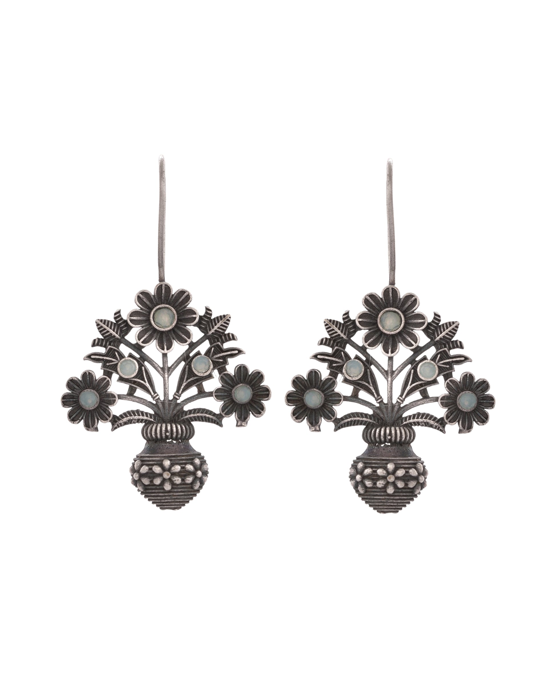 VOJ Silver Plated Floral Shaped Oxidized Drop Earrings - Distacart