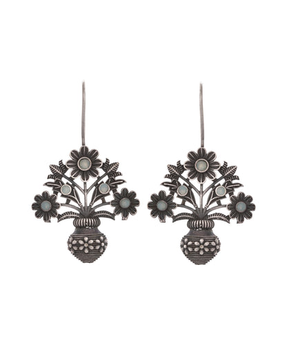 VOJ Silver Plated Floral Shaped Oxidized Drop Earrings - Distacart