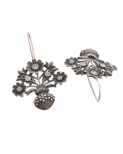 VOJ Silver Plated Floral Shaped Oxidized Drop Earrings - Distacart