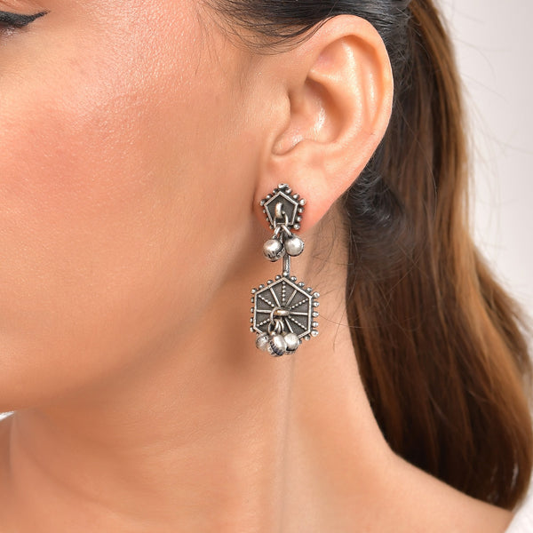 VOJ Silver Plated Oxidized Geometrical Shaped Studs Earrings