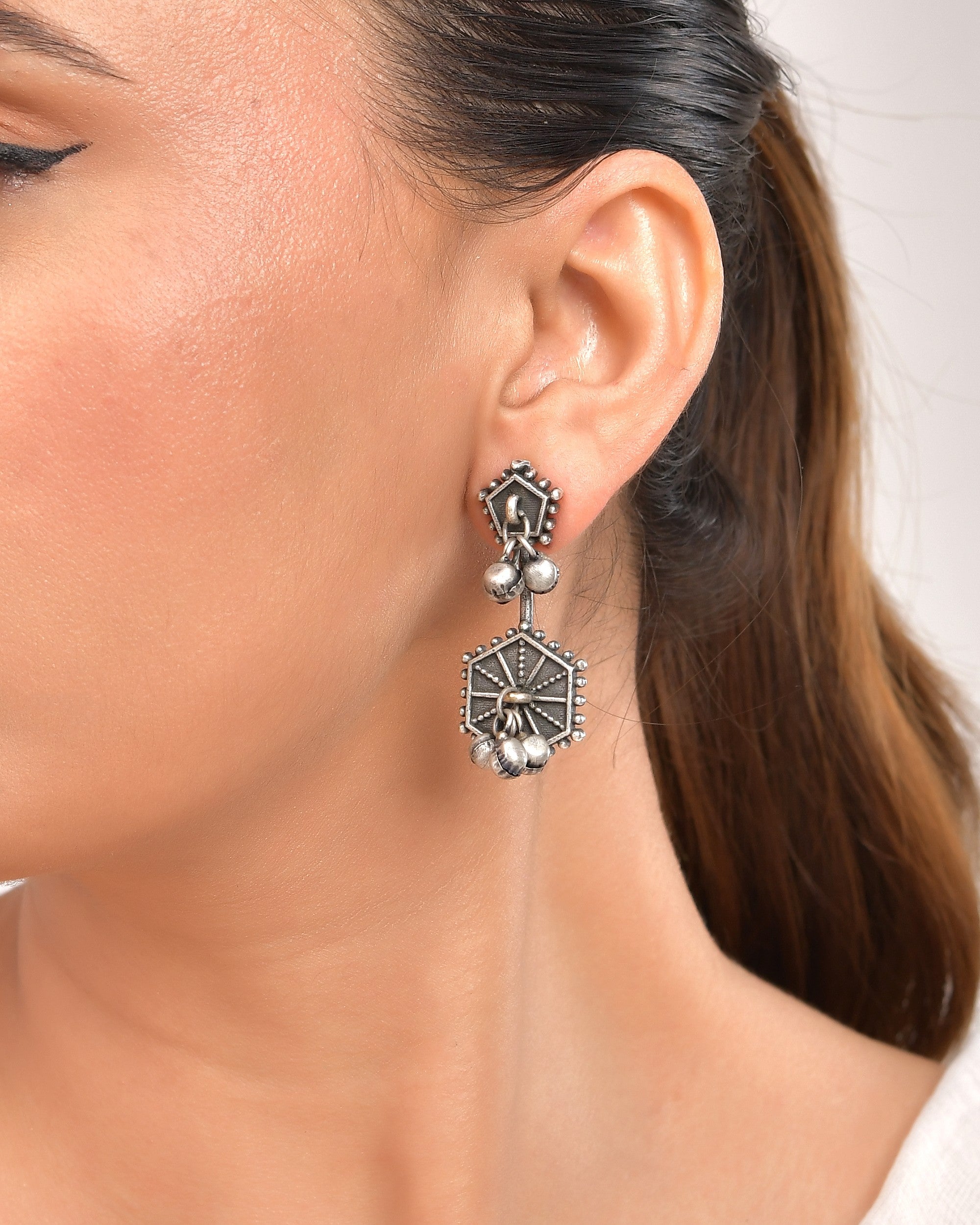 VOJ Silver Plated Oxidized Geometrical Shaped Studs Earrings