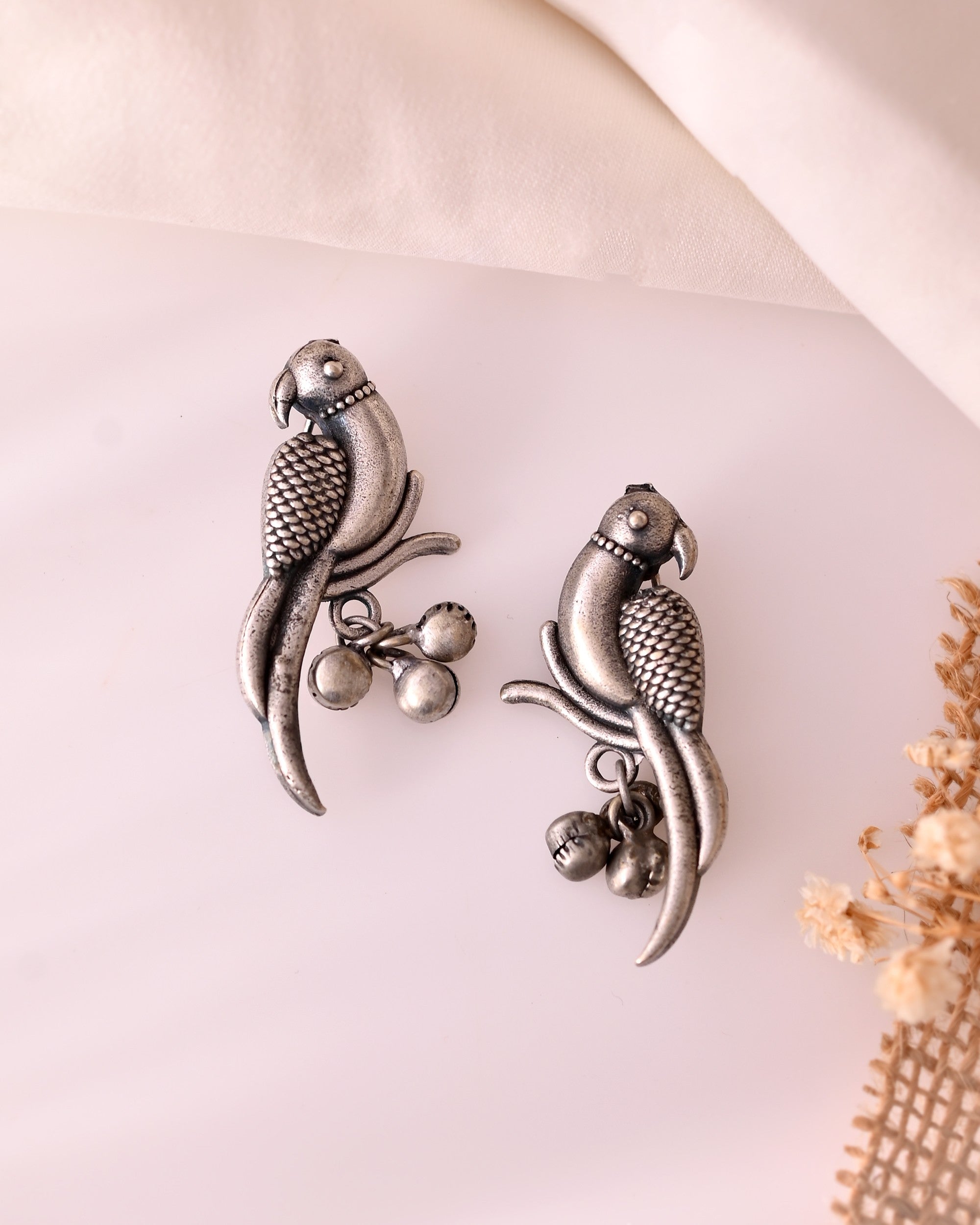 VOJ Silver Plated Oxidized Parrot Shaped Studs Earrings