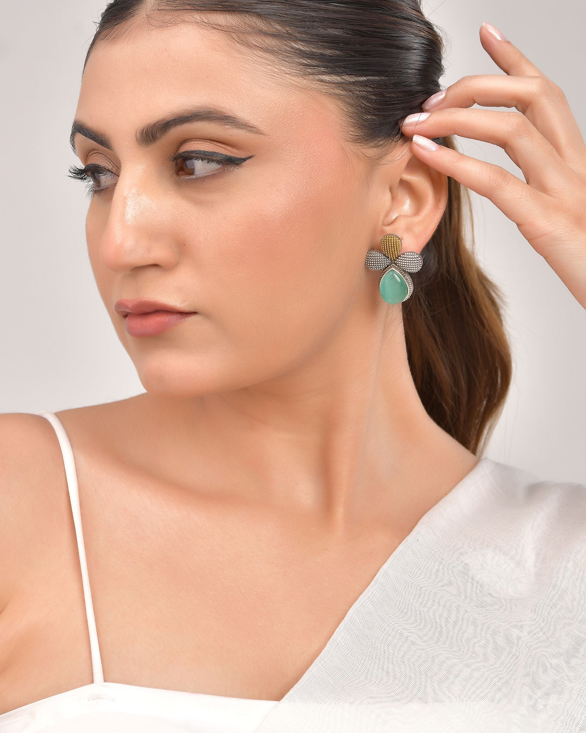 VOJ Silver Toned Teal Stone Studded Elegant Earrings - Distacart
