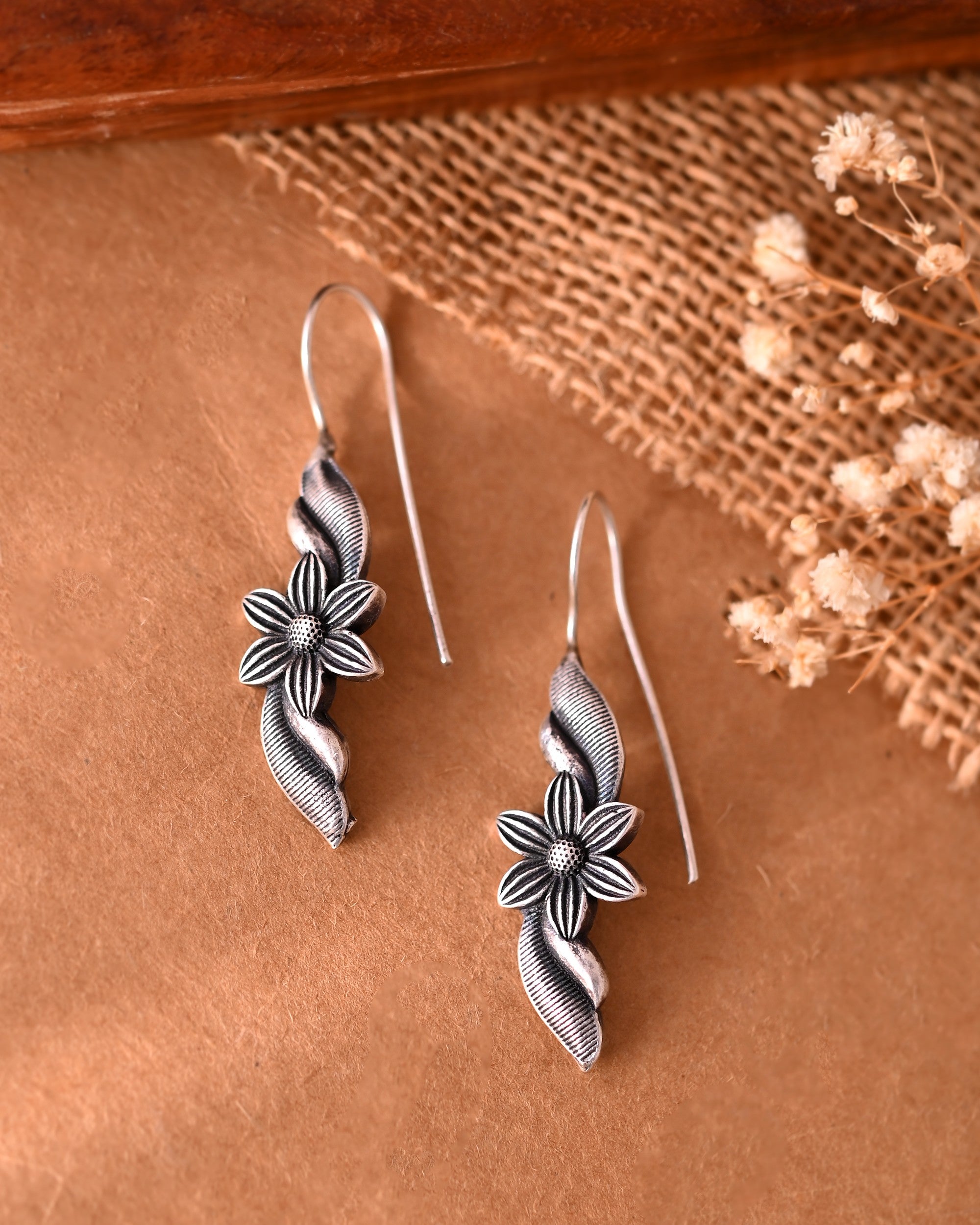 VOJ Silver Plated Floral Shaped Drop Earrings