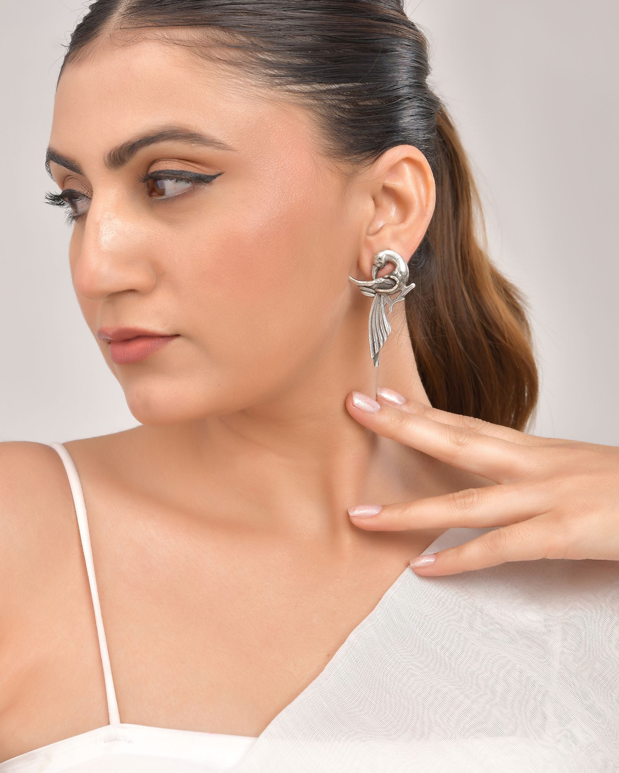 VOJ Silver Plated Bird Shaped Designer Studs Earrings