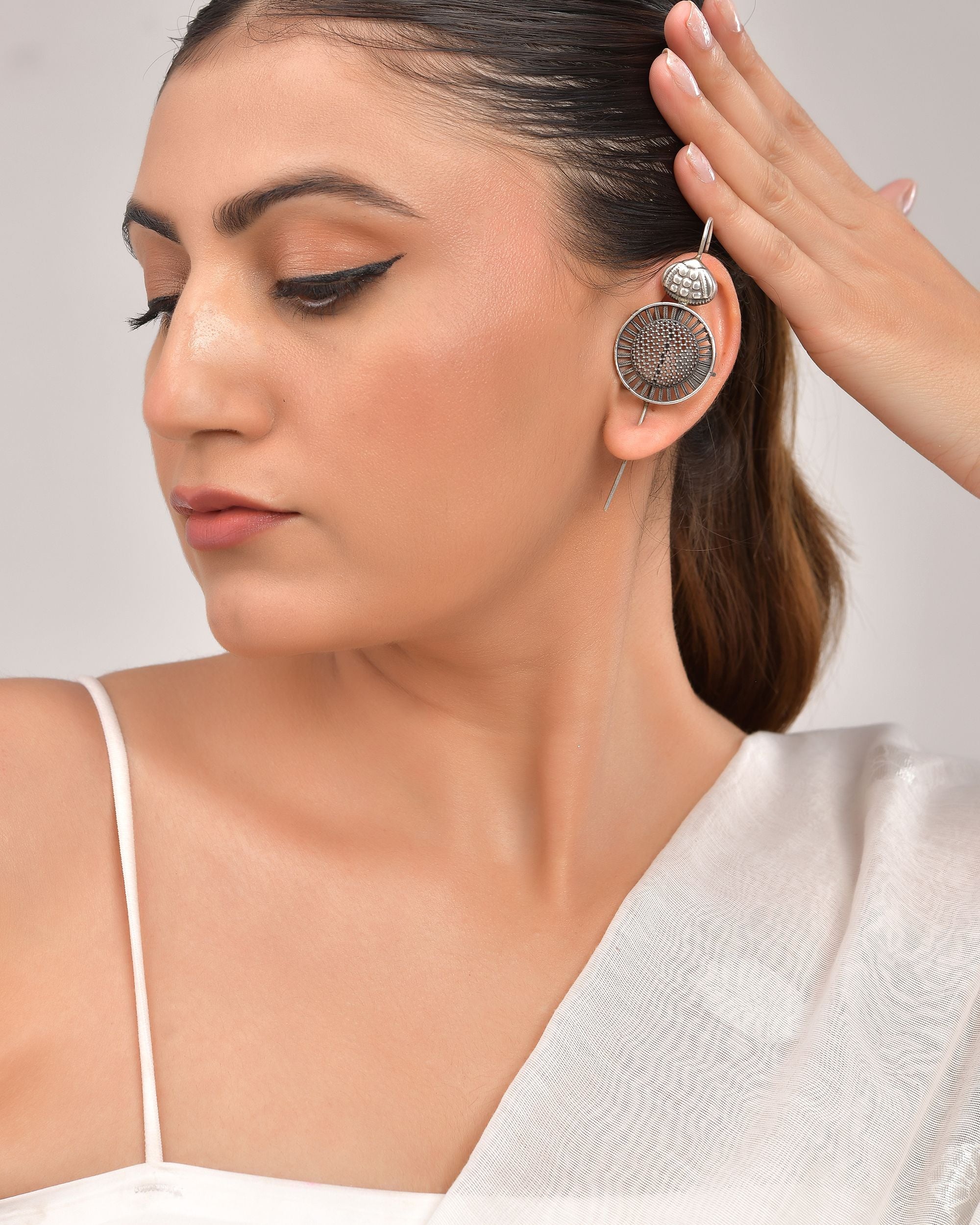 VOJ Silver Plated Circular Shaped Ear Cuff