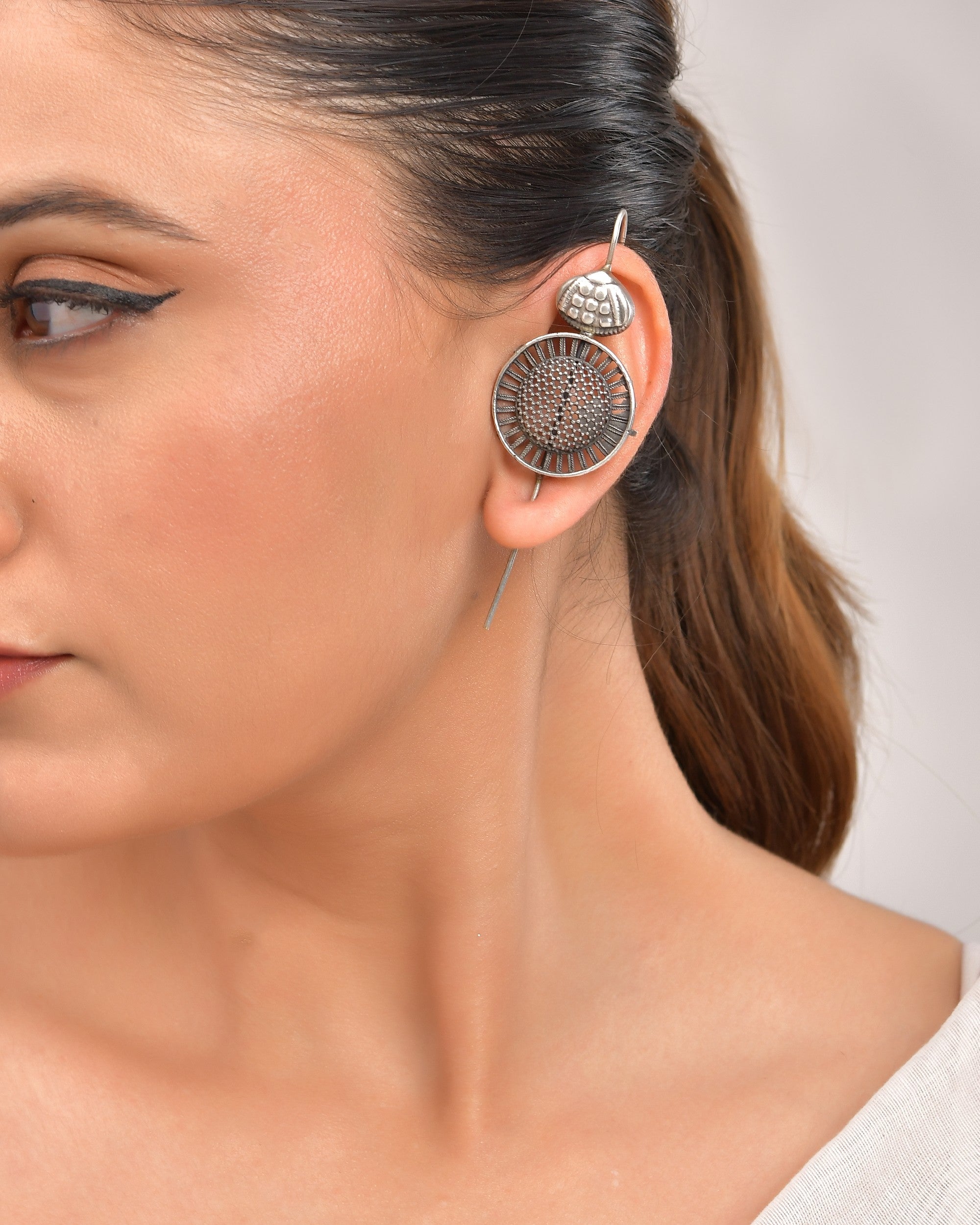 VOJ Silver Plated Circular Shaped Ear Cuff