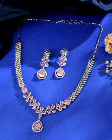 VOJ Silver Plated Baby Pink Floral Ad Jewellery Set - Dista