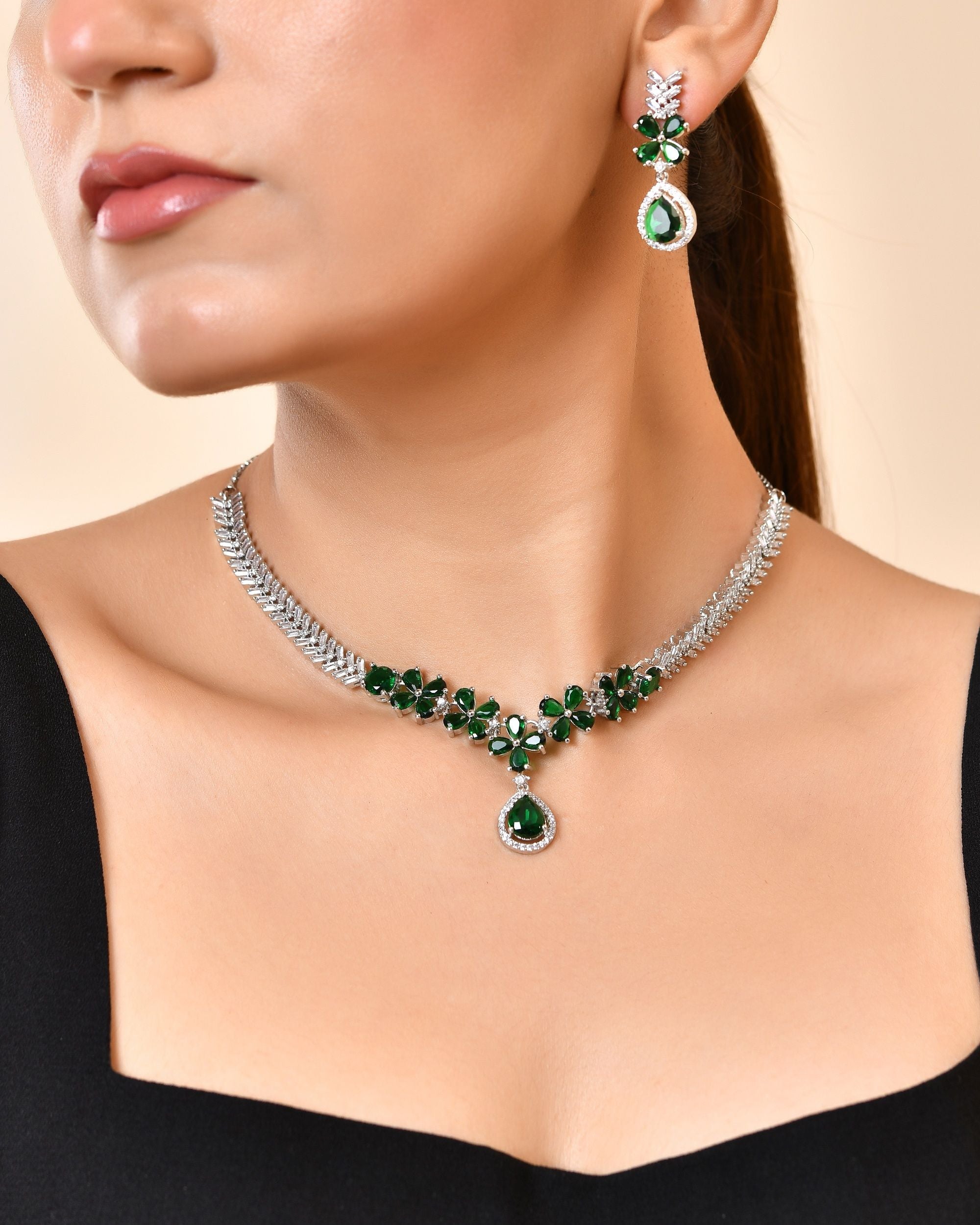 VOJ Silver Plated Green Floral Ad Jewellery Set - Dista