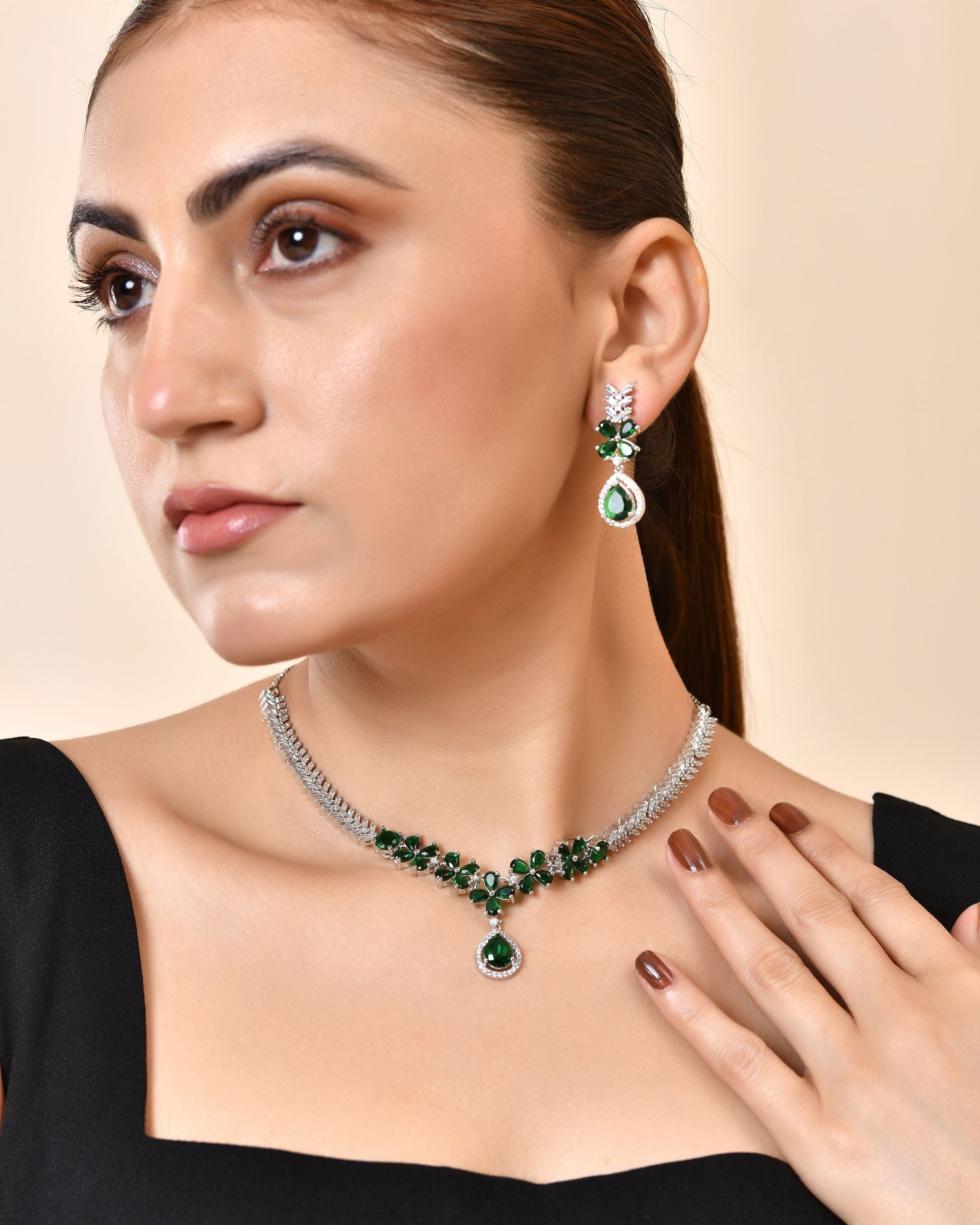 VOJ Silver Plated Green Floral Ad Jewellery Set - Dista