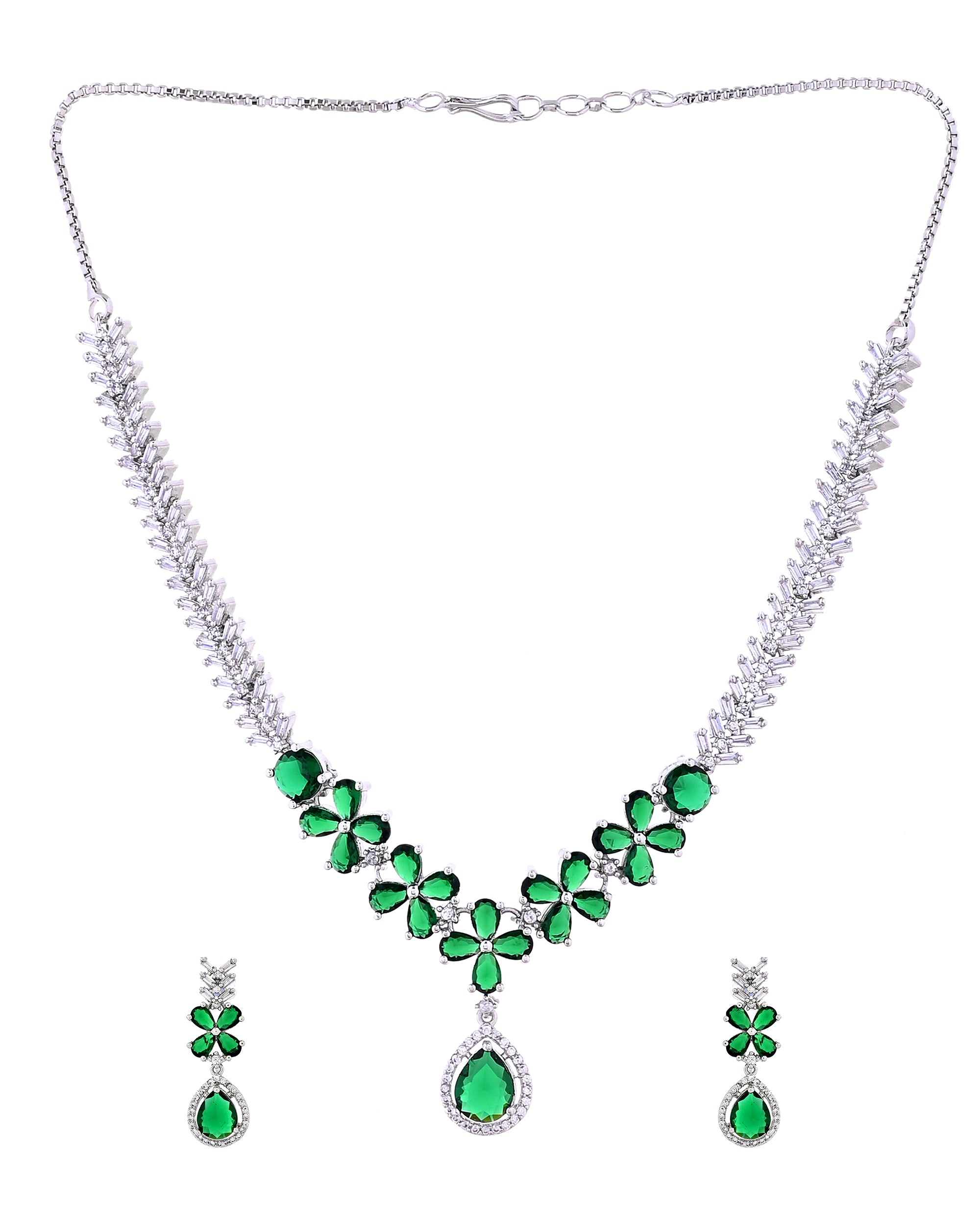 VOJ Silver Plated Green Floral Ad Jewellery Set - Dista