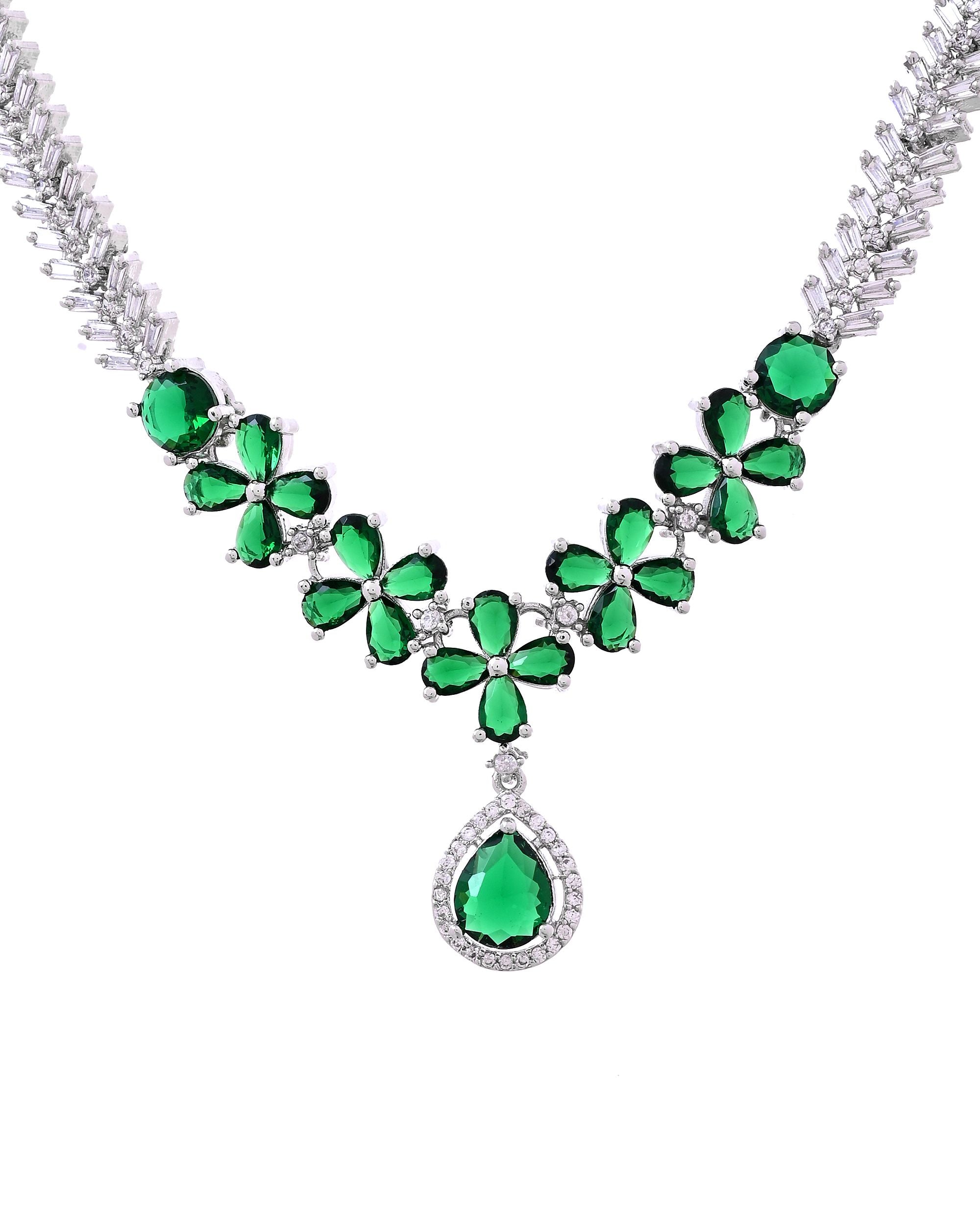 VOJ Silver Plated Green Floral Ad Jewellery Set - Dista