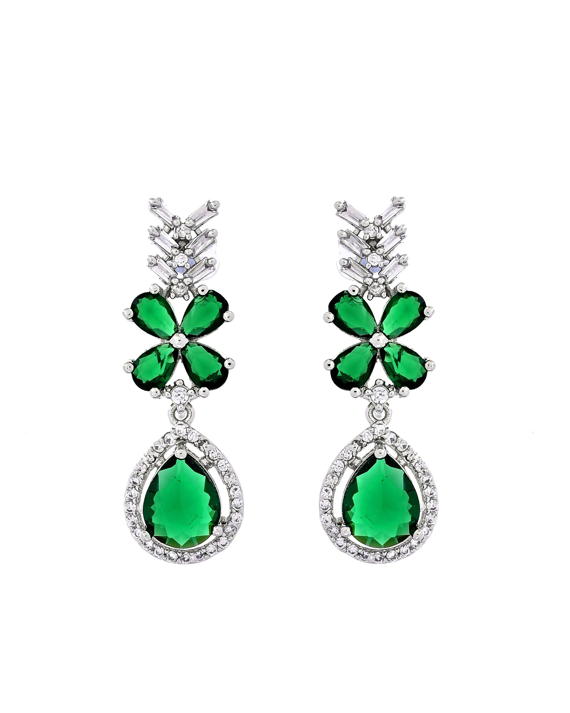 VOJ Silver Plated Green Floral Ad Jewellery Set - Dista
