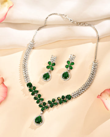 VOJ Silver Plated Green Floral Ad Jewellery Set - Dista
