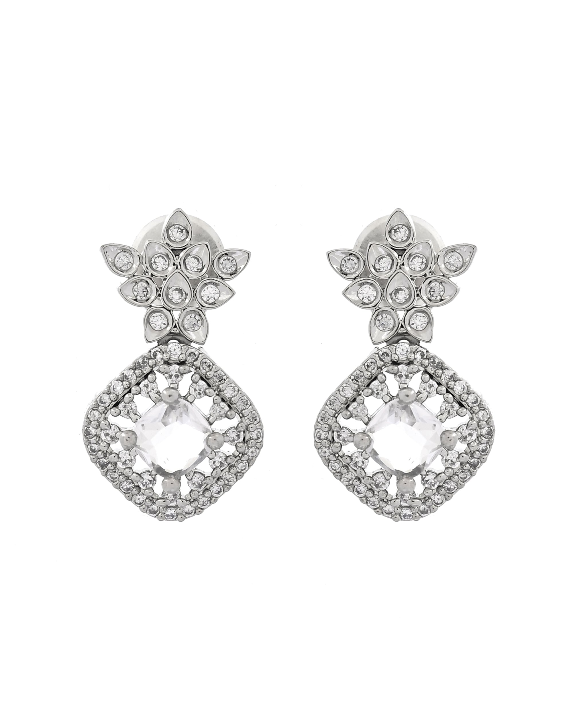 VOJ Silver Plated Square Stone Studded Jewellery Set