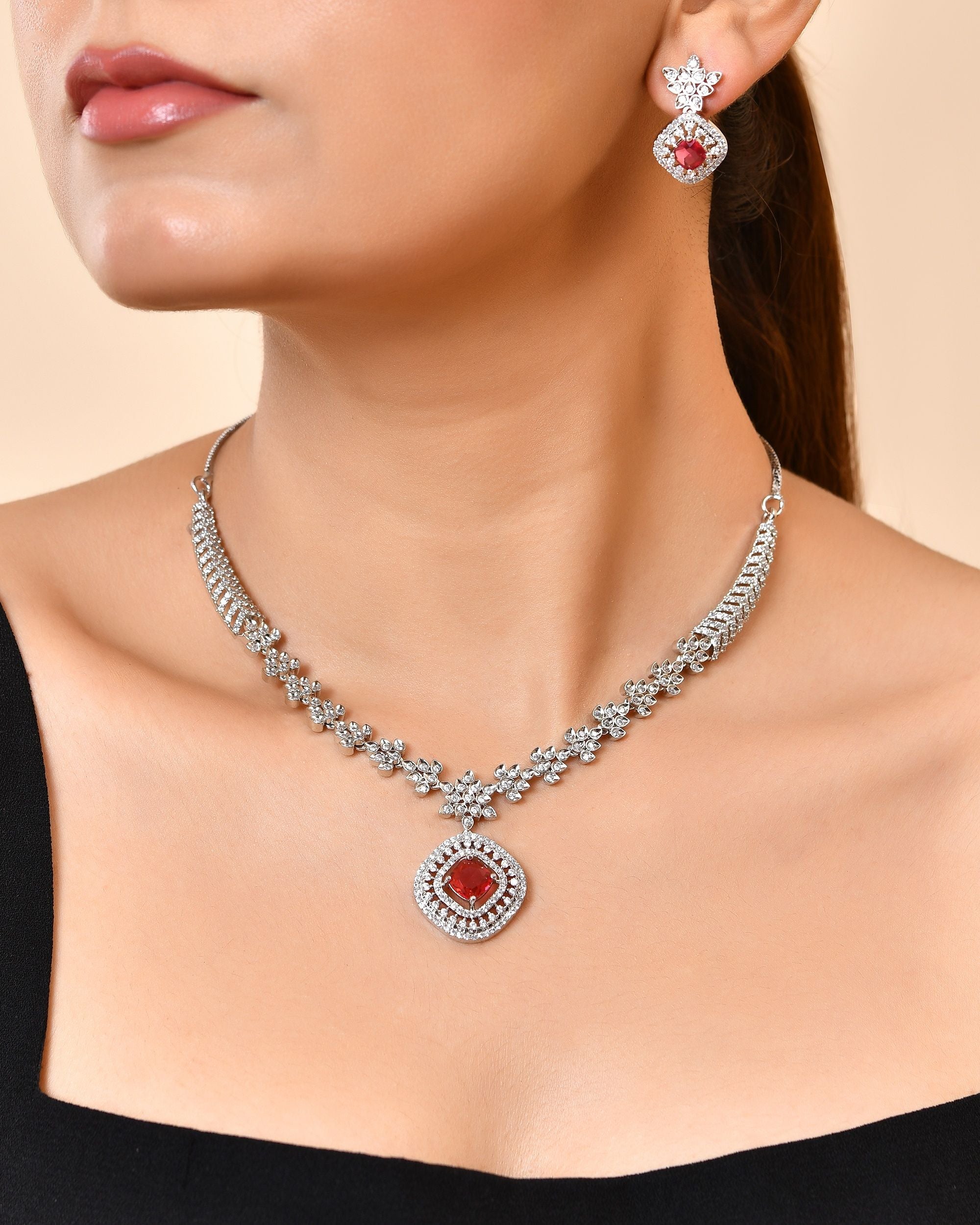VOJ Silver Plated Ruby Square Stone Studded Jewellery Set