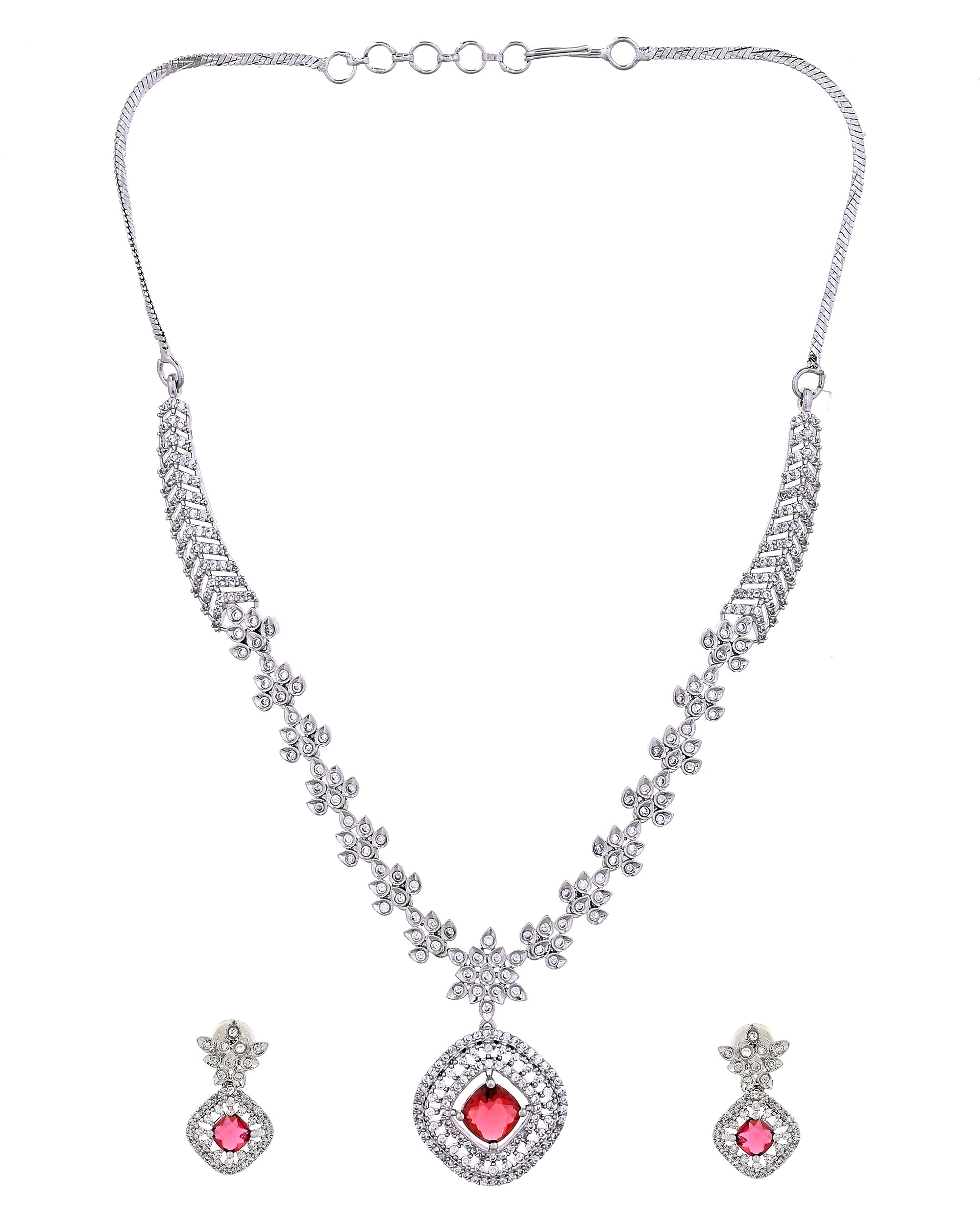 VOJ Silver Plated Ruby Square Stone Studded Jewellery Set