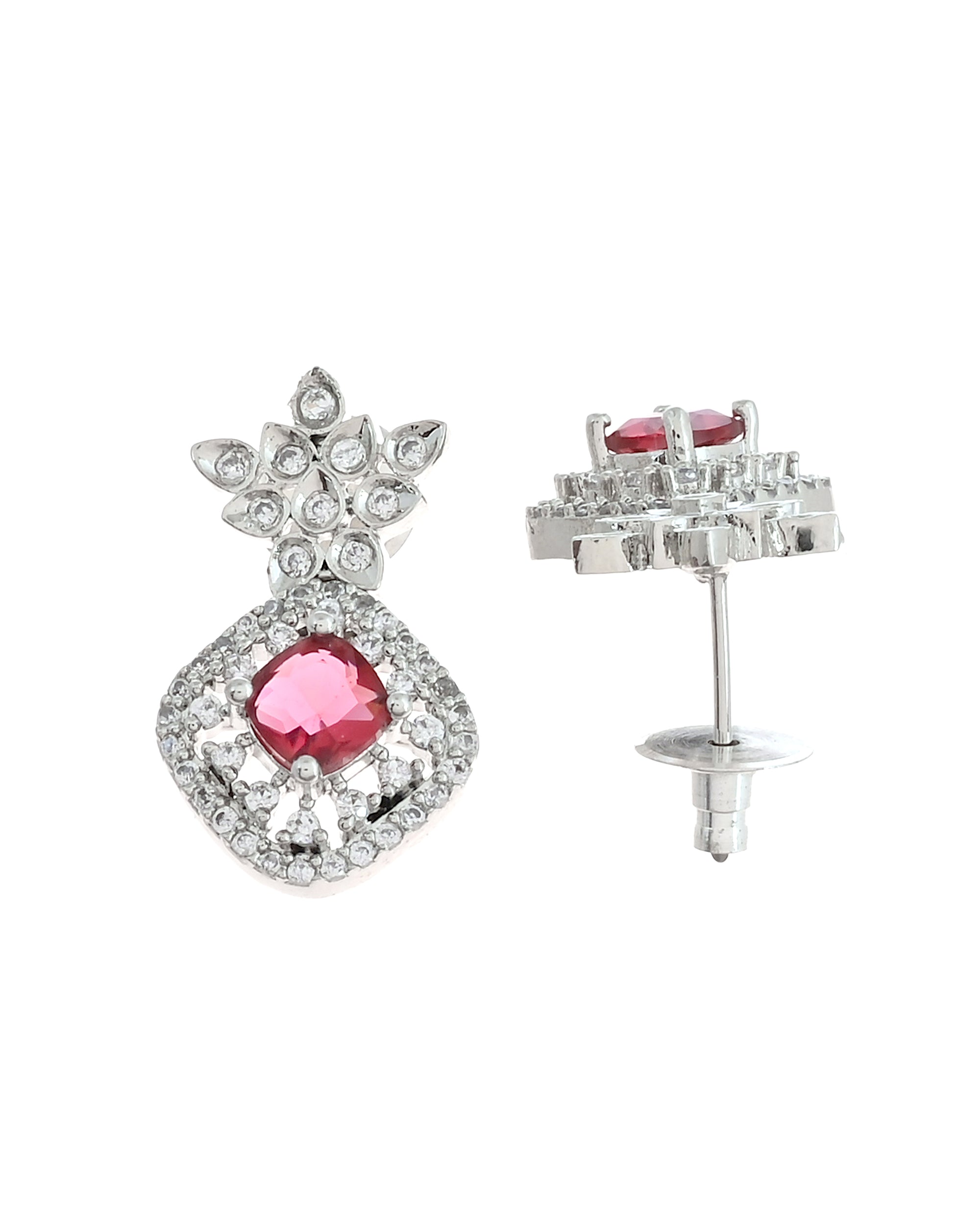 VOJ Silver Plated Ruby Square Stone Studded Jewellery Set