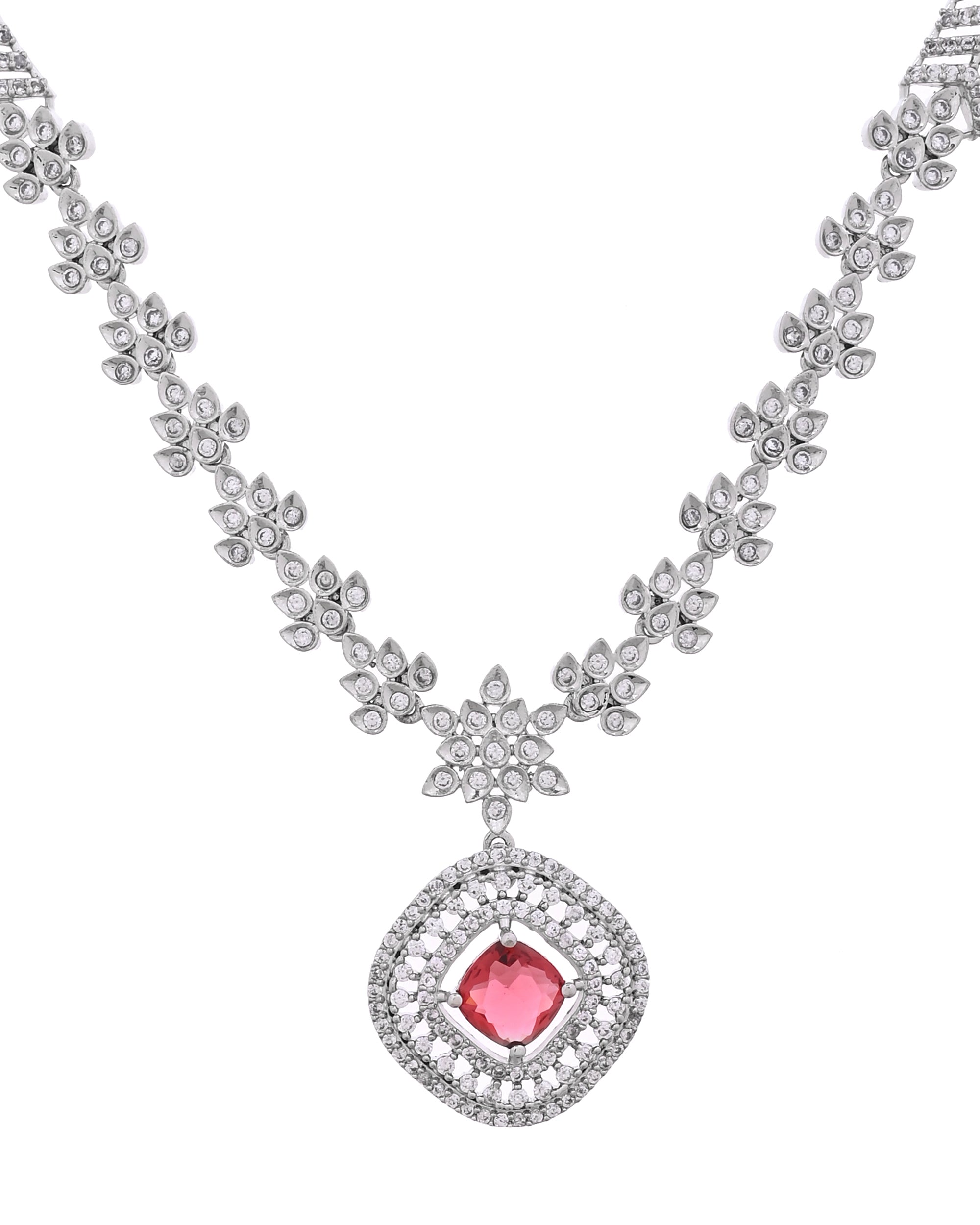 VOJ Silver Plated Ruby Square Stone Studded Jewellery Set