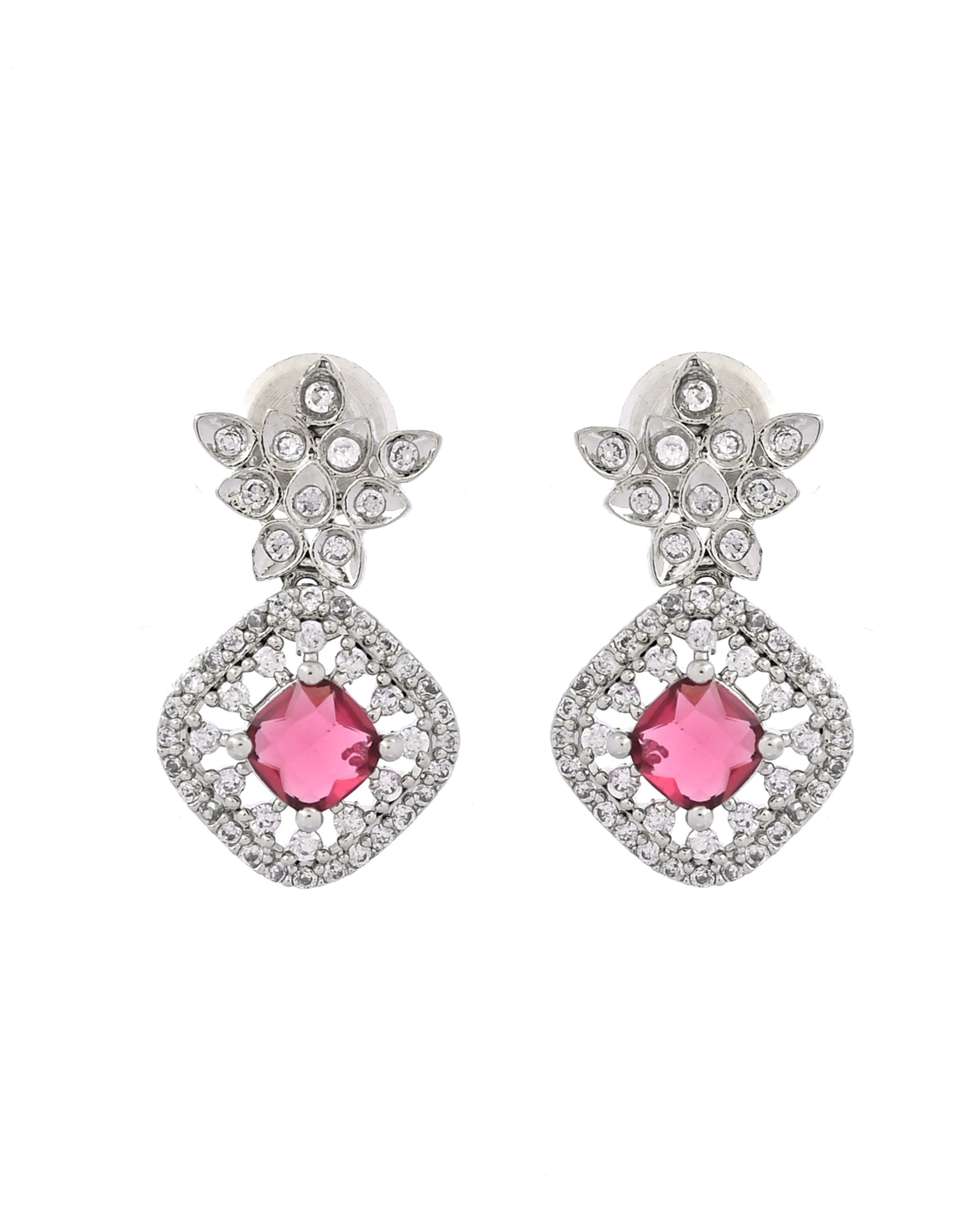 VOJ Silver Plated Ruby Square Stone Studded Jewellery Set