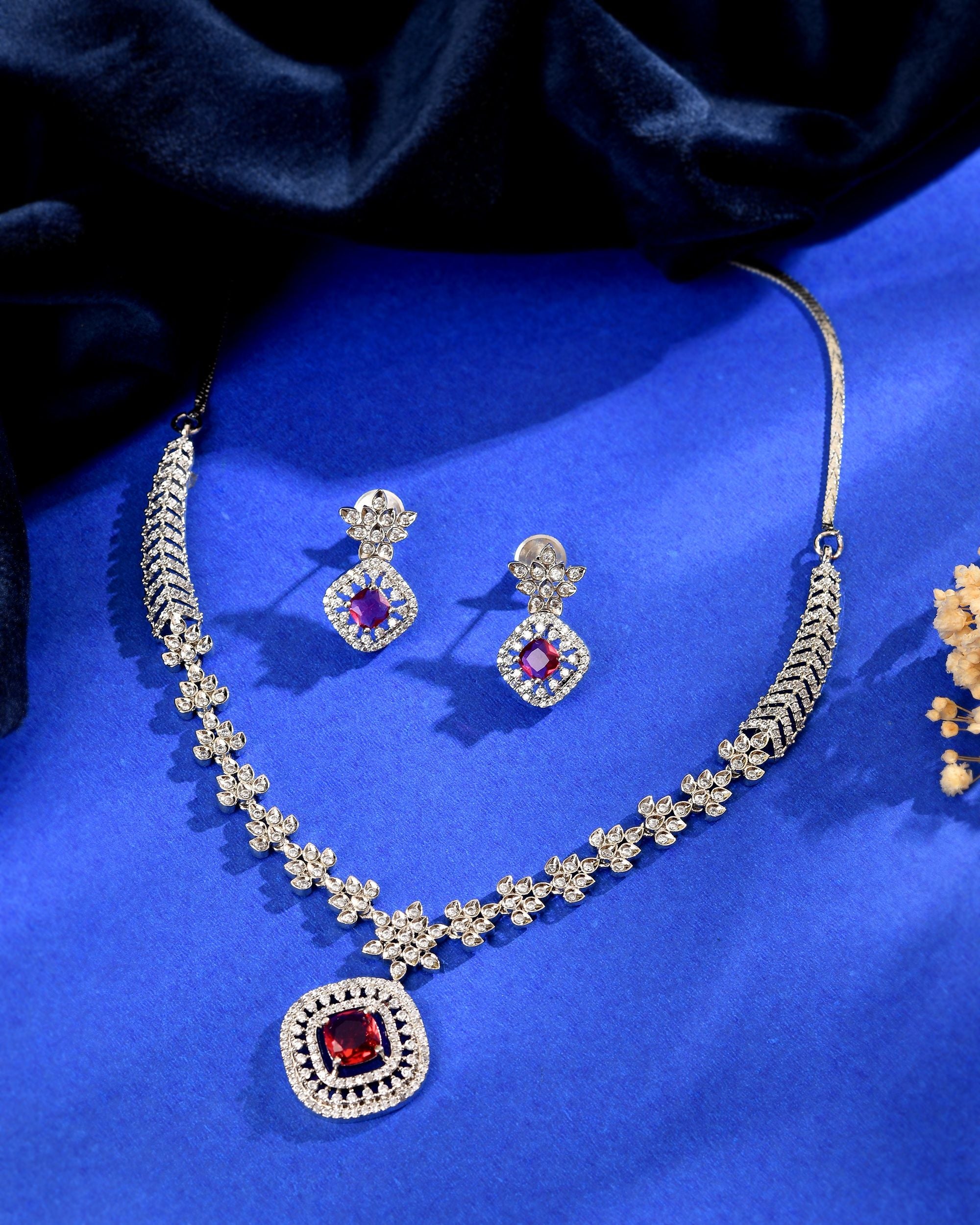 VOJ Silver Plated Ruby Square Stone Studded Jewellery Set
