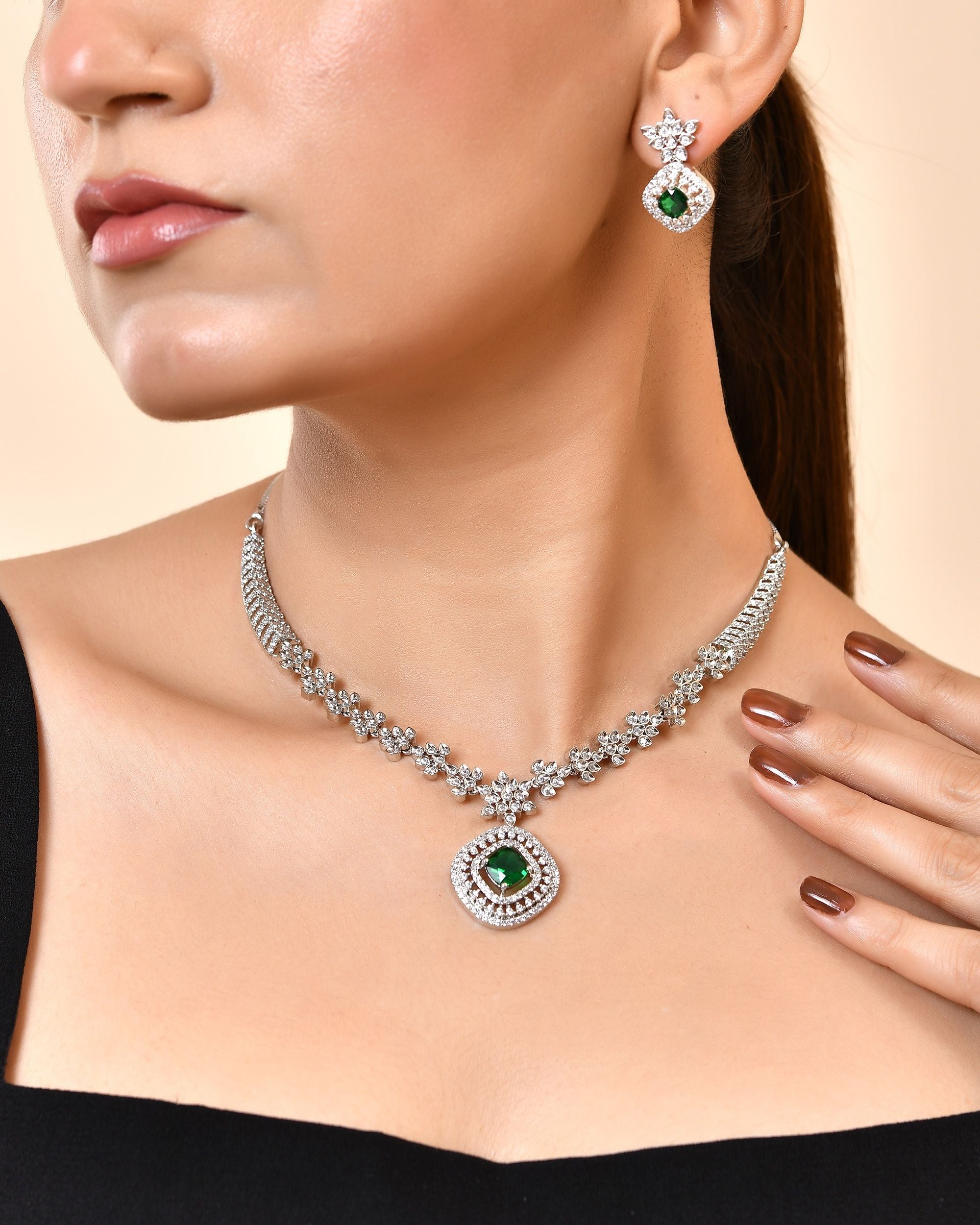 VOJ Silver Plated Green Square Stone Studded Jewellery Set - Dista