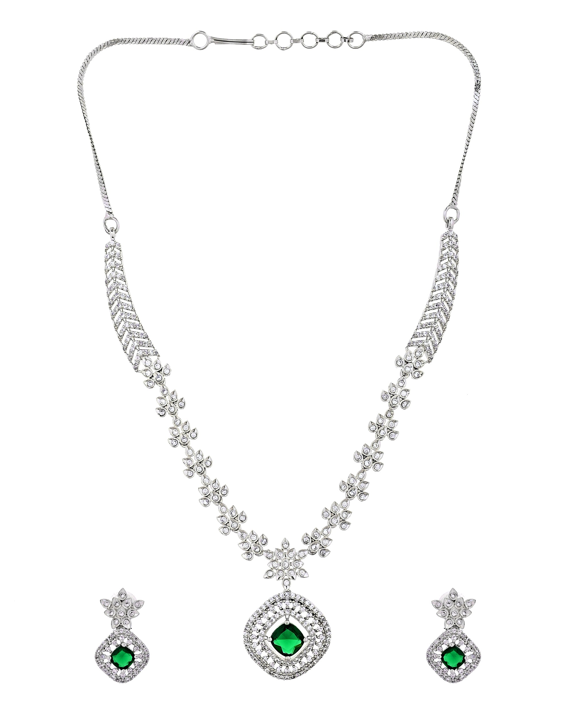 VOJ Silver Plated Green Square Stone Studded Jewellery Set - Dista