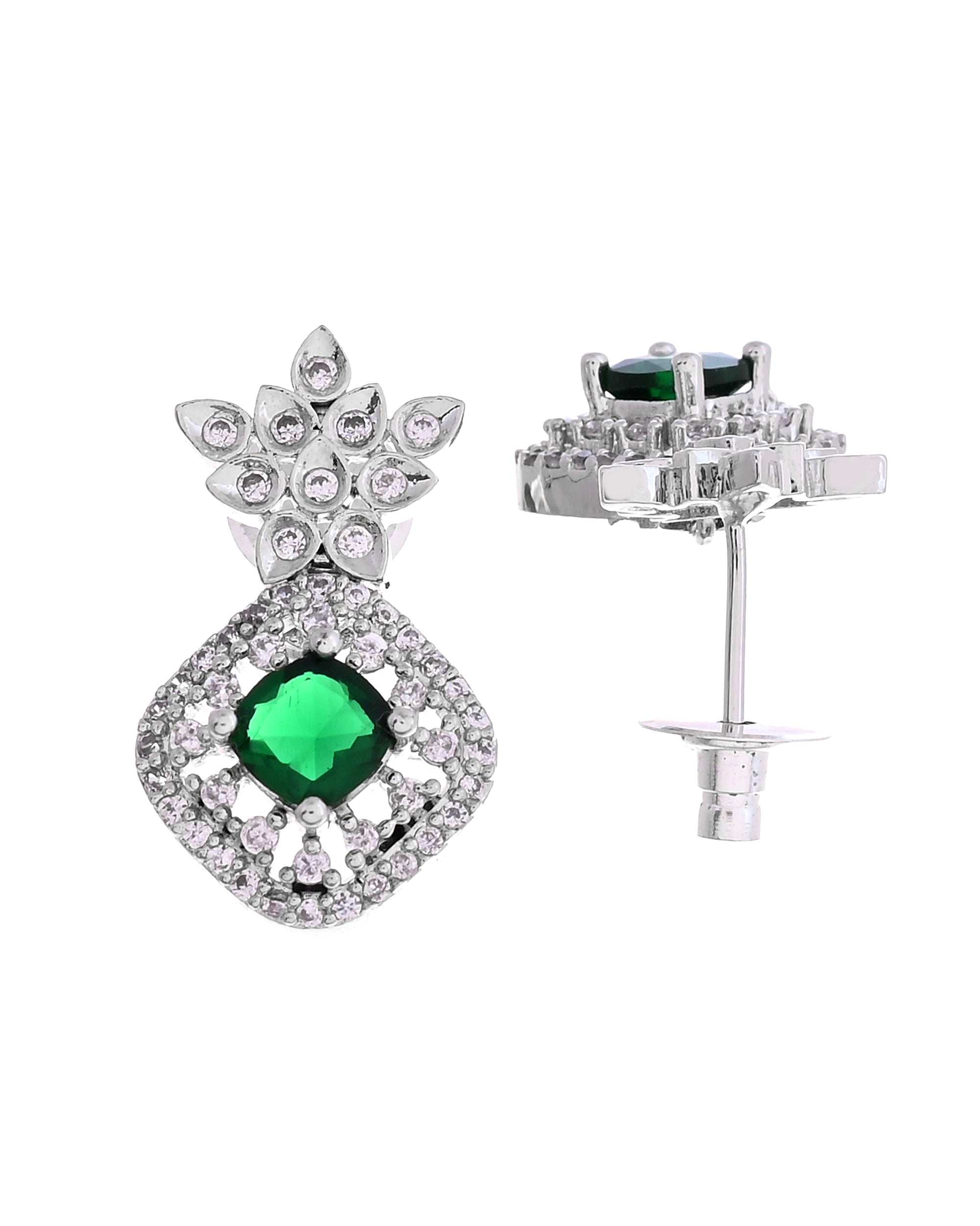 VOJ Silver Plated Green Square Stone Studded Jewellery Set - Dista