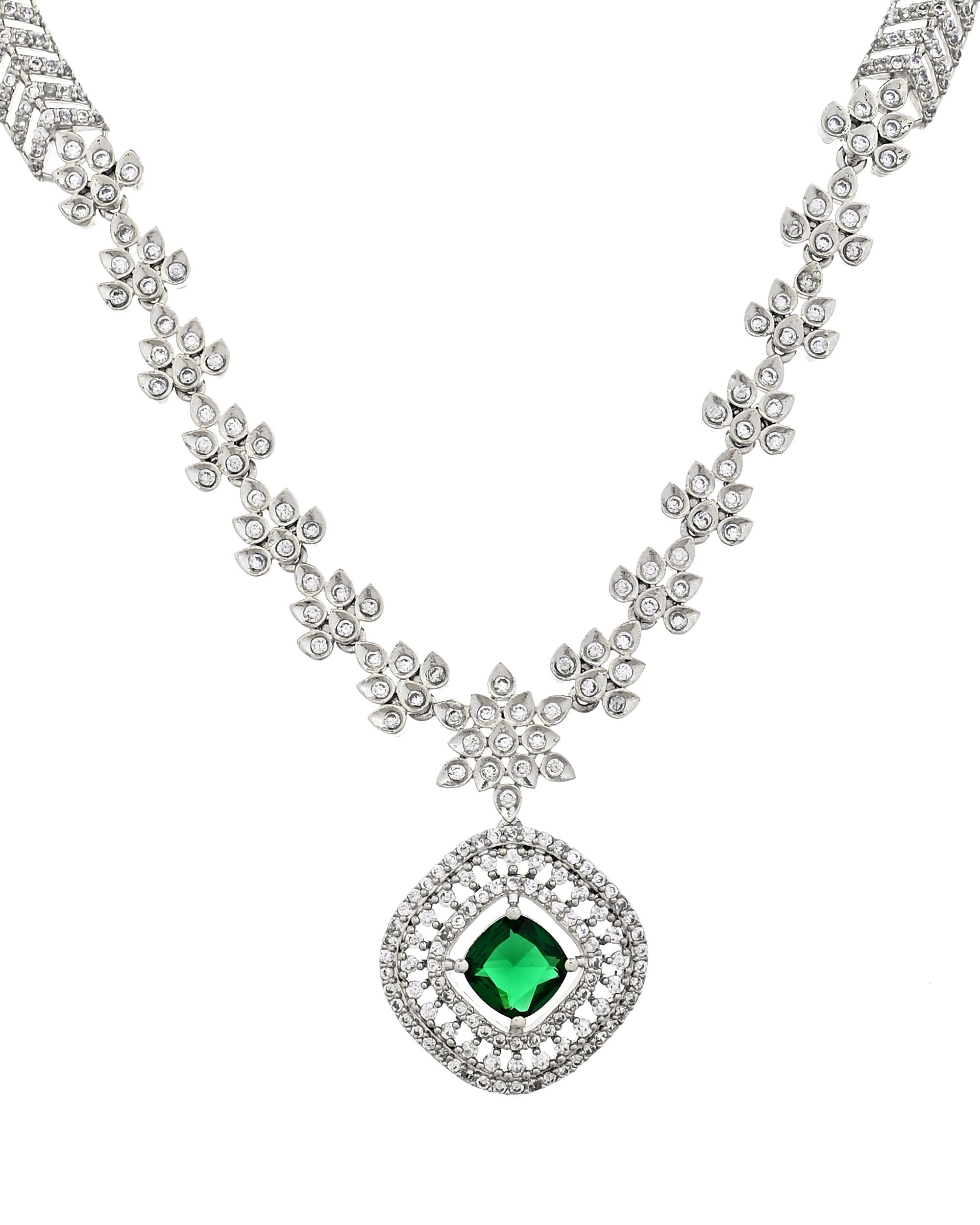 VOJ Silver Plated Green Square Stone Studded Jewellery Set - Dista