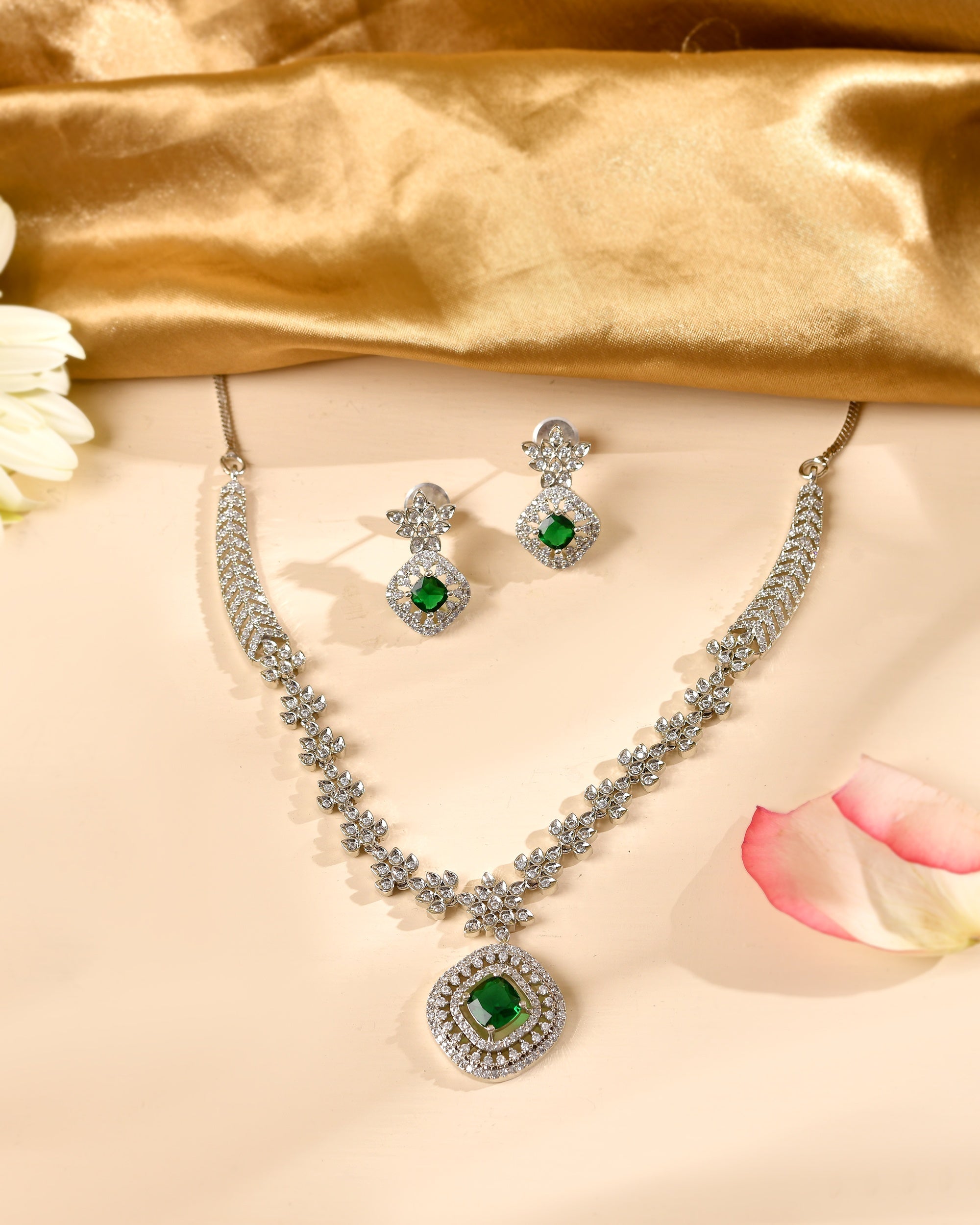 VOJ Silver Plated Green Square Stone Studded Jewellery Set - Dista