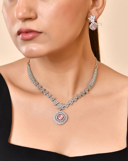VOJ Silver Plated Baby Pink Square Stone Studded Jewellery Set - Dista