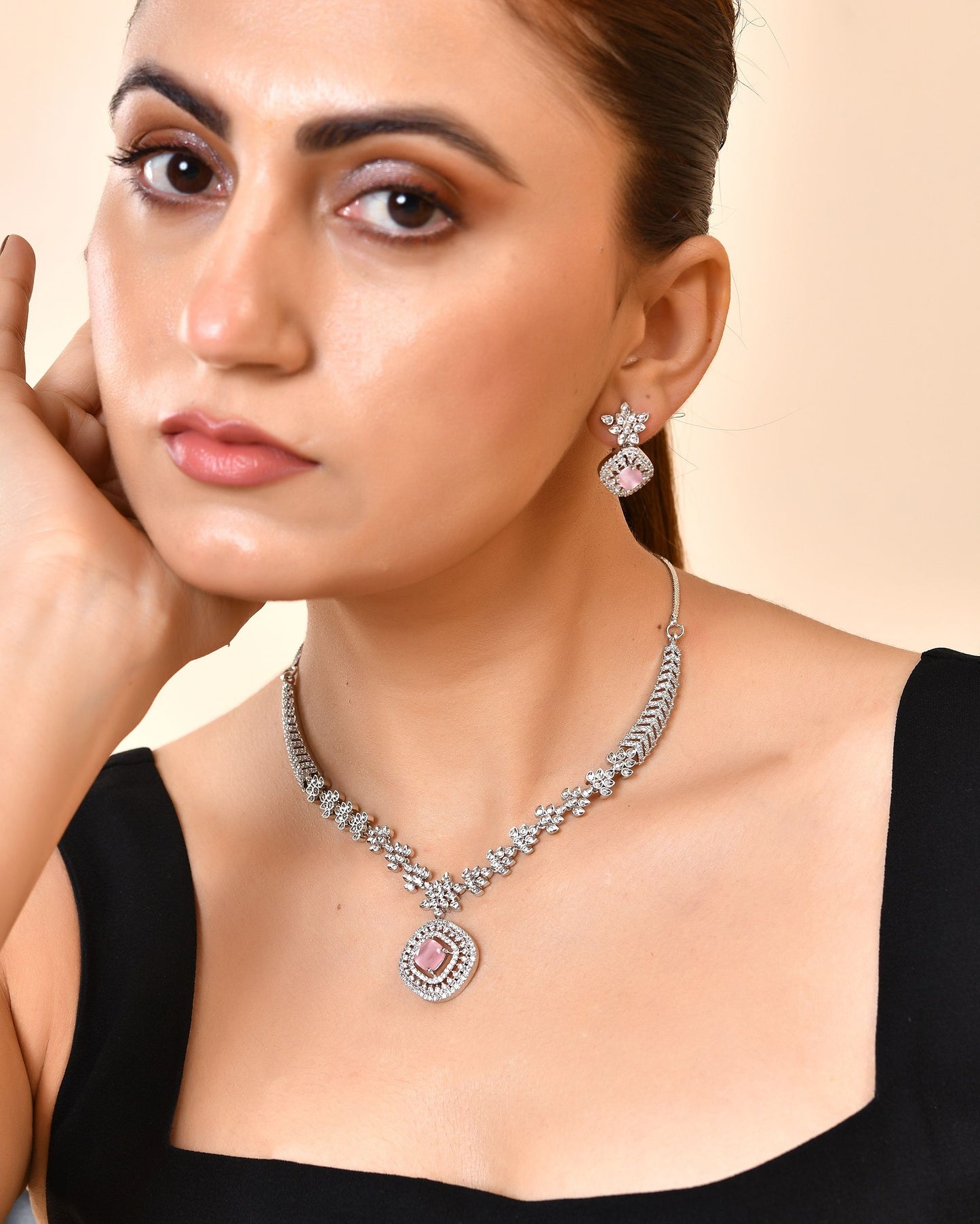 VOJ Silver Plated Baby Pink Square Stone Studded Jewellery Set - Dista