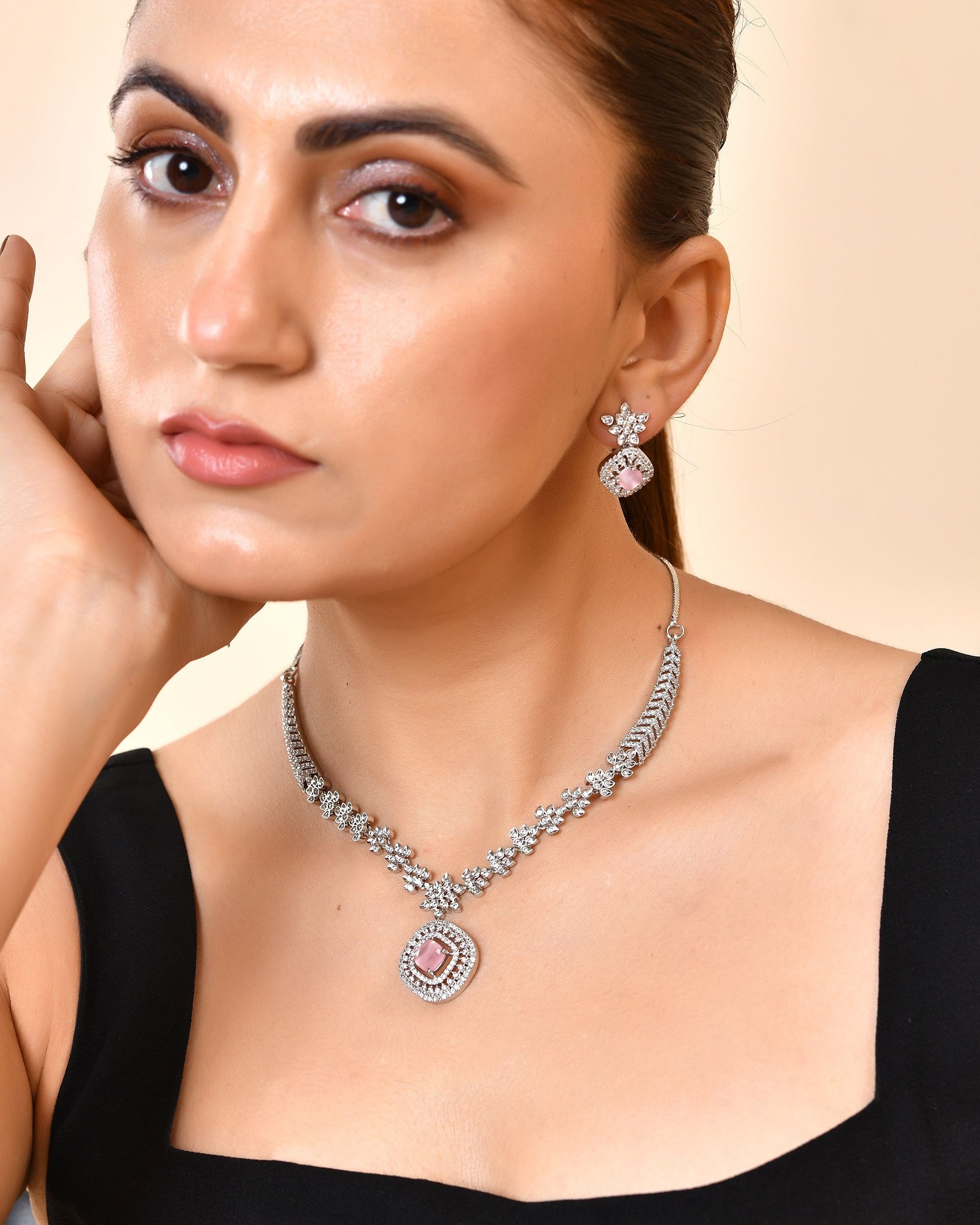 VOJ Silver Plated Baby Pink Square Stone Studded Jewellery Set - Dista