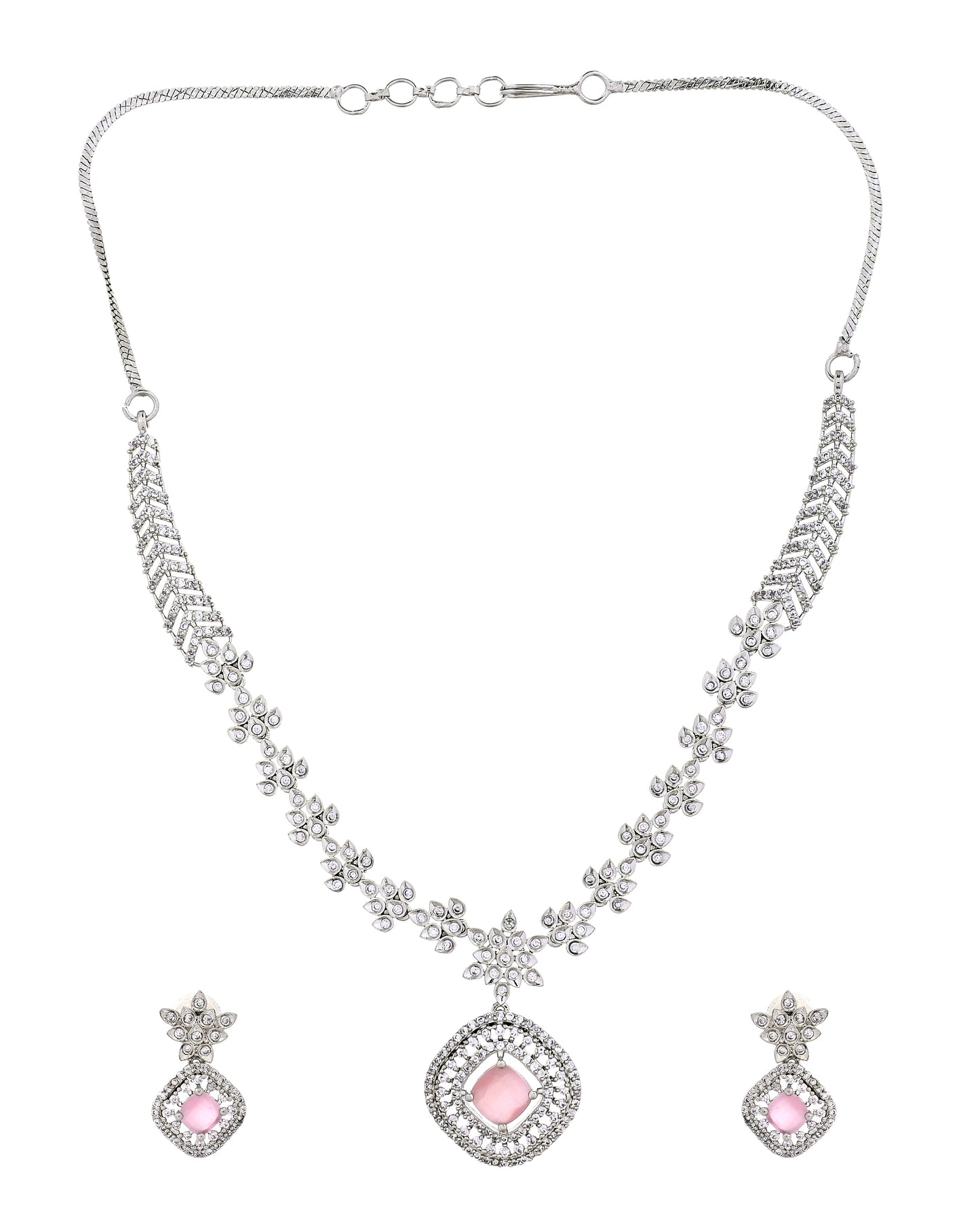 VOJ Silver Plated Baby Pink Square Stone Studded Jewellery Set - Dista